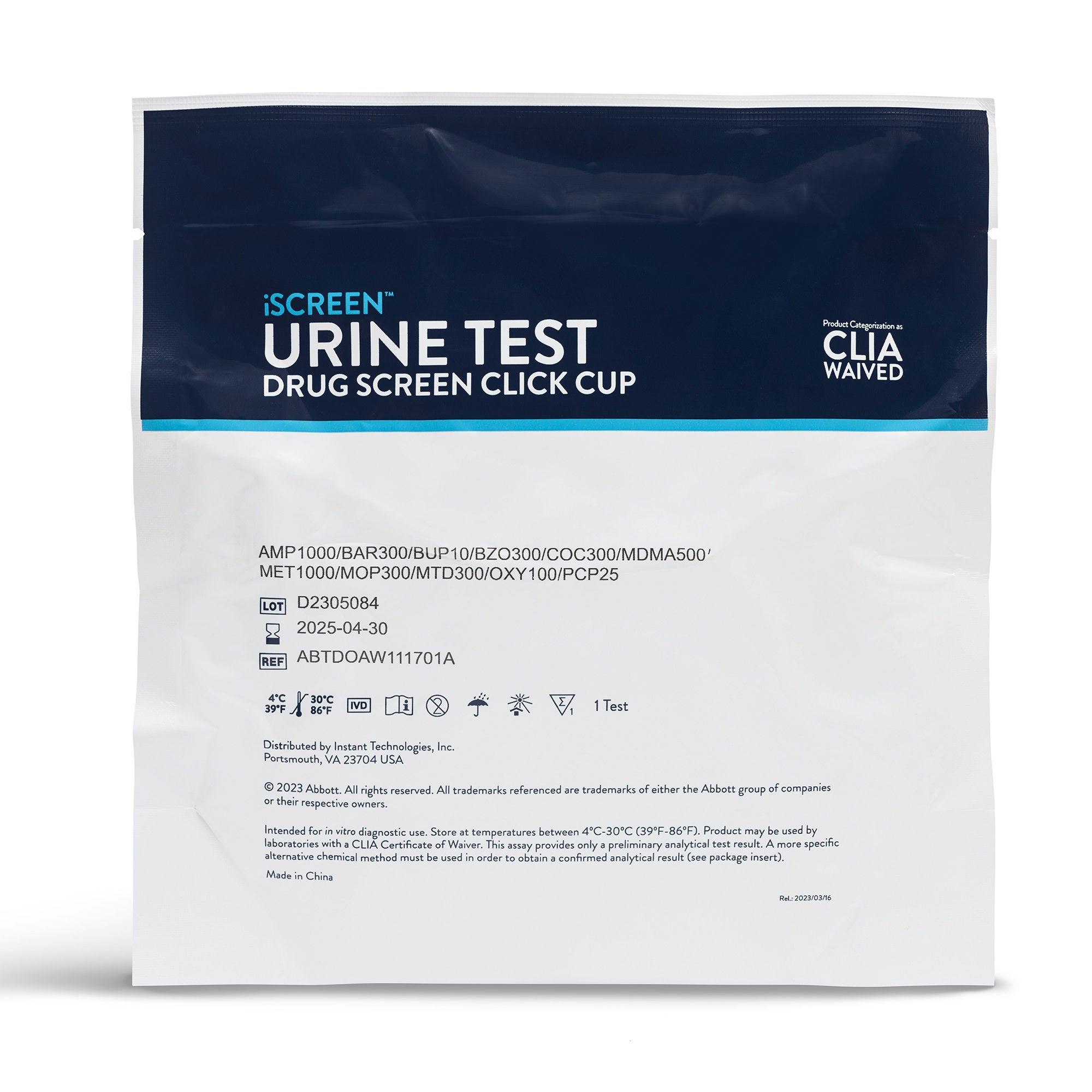 Abbott Rapid Dx North America LLC - ABTDUAW114703C Drugs of Abuse Test Kit iScreen™ Round Click Cup AMP1000, BAR300, BUP10, BZO300, COC300, EDDP300, mAMP/MET1000, MDMA500, MOP300, MTD300, OXY100, PCP25, TCA1000, THC50, (pH, OX, SG) 25 Tests CLIA Waived
