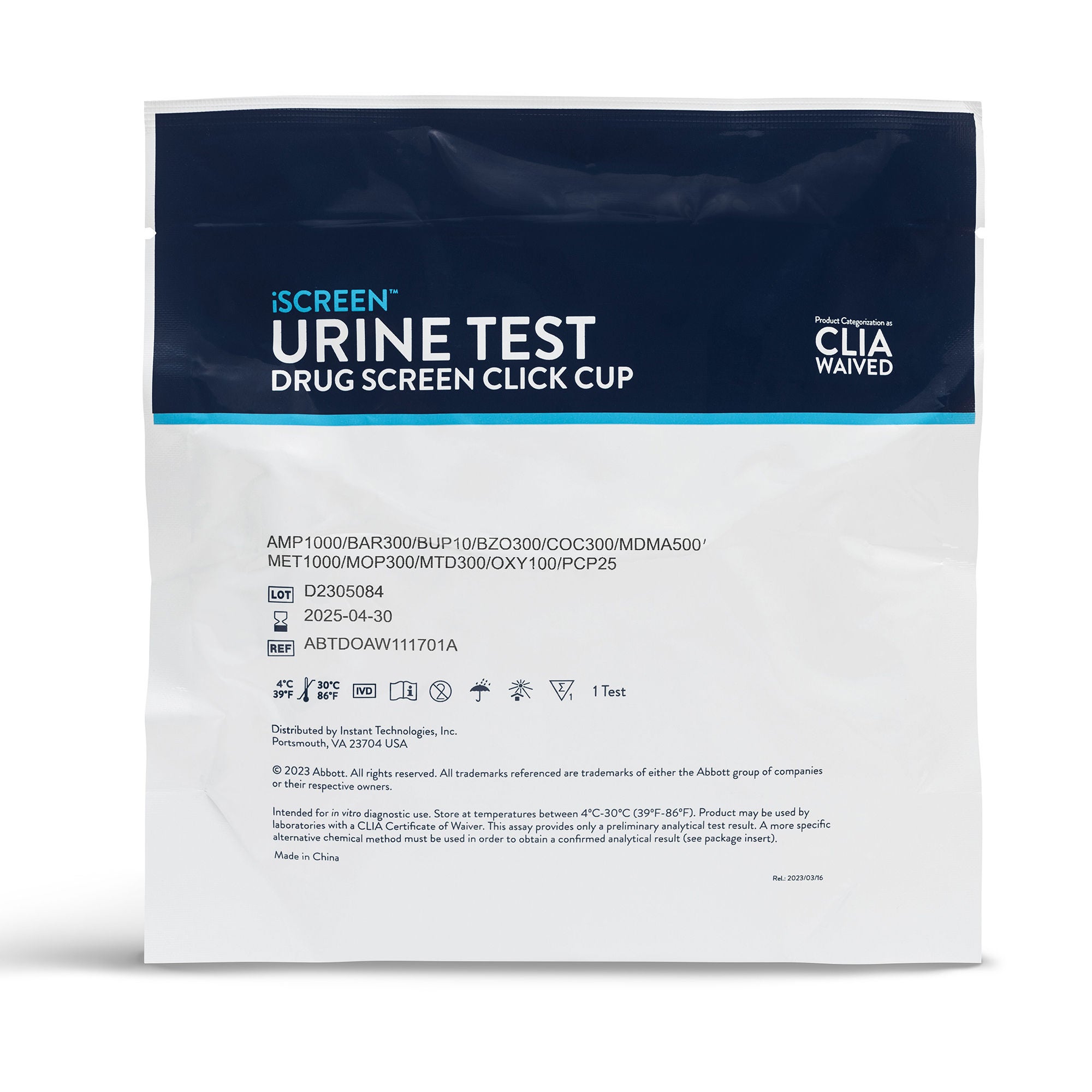 Abbott Rapid Dx North America LLC - ABTDUAW114704D Drugs of Abuse Test Kit iScreen™ Round Click Cup AMP1000, BAR300, BUP10, BZO300, COC300, mAMP/MET1000, MDMA500, MTD300, OPI2000, OXY100, PCP25, PPX300, TCA1000, THC50, (pH, OX, SG) 25 Tests CLIA Waived