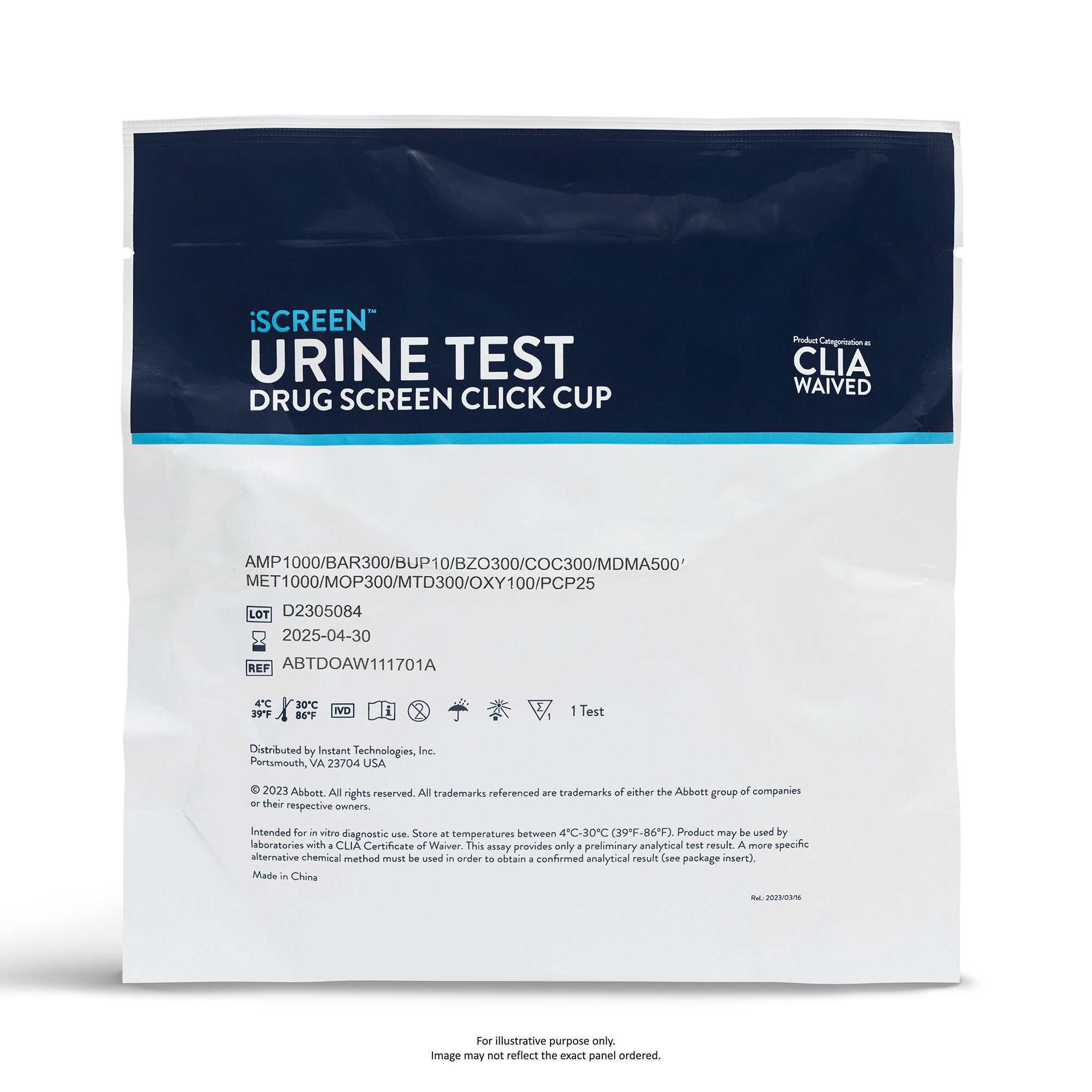 Abbott Rapid Dx North America LLC - ABTDOAW114701A Drugs of Abuse Test Kit iScreen™ Round Click Cup AMP1000, BAR300, BUP10, BZO300, COC300, EDDP300, mAMP/MET1000, MDMA500, MOP300, MTD300, OXY100, PCP25, TCA1000, THC50 25 Tests CLIA Waived