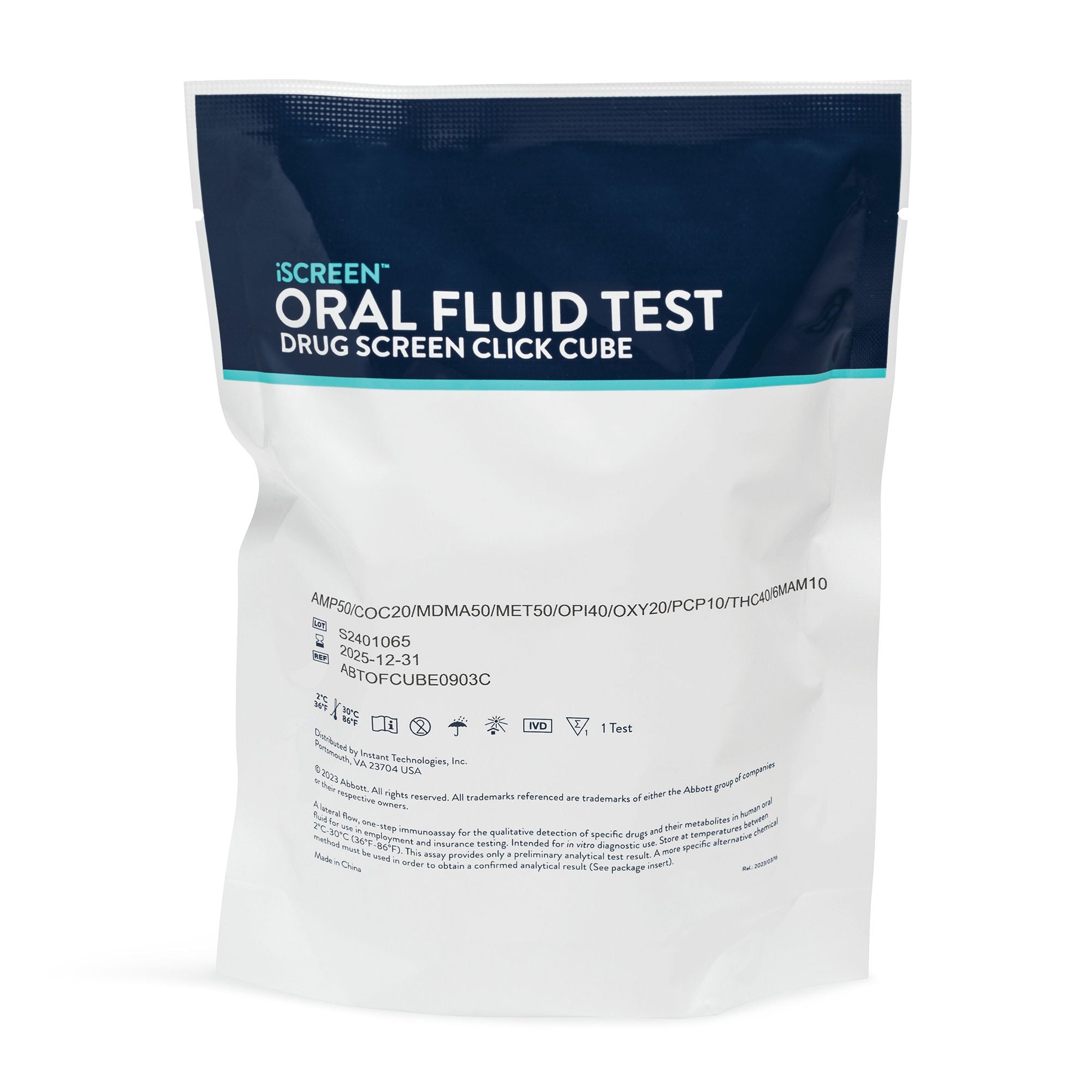 Abbott Rapid Dx North America LLC - ABTOFCUBE0401A Drugs of Abuse Test Kit iScreen™ Click Cube AMP50, COC20, mAMP/MET50, OPI40 25 Tests For Employment / Insurance Use