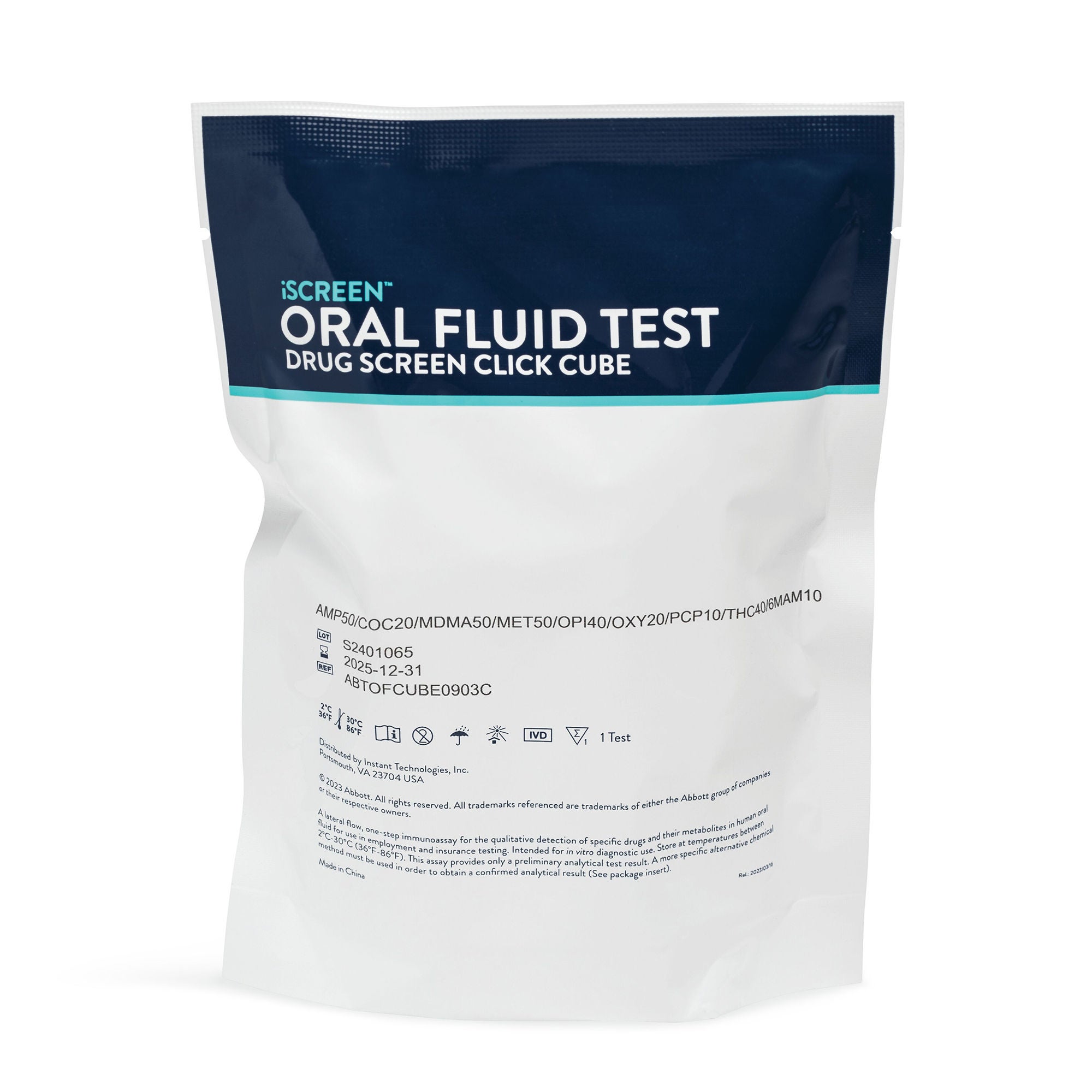 Abbott Rapid Dx North America LLC - ABTOFCUBE0604D Drugs of Abuse Test Kit iScreen™ Click Cube AMP50, BZO10, COC20, mAMP/MET50, OPI40, OXY20 25 Tests For Employment / Insurance Use