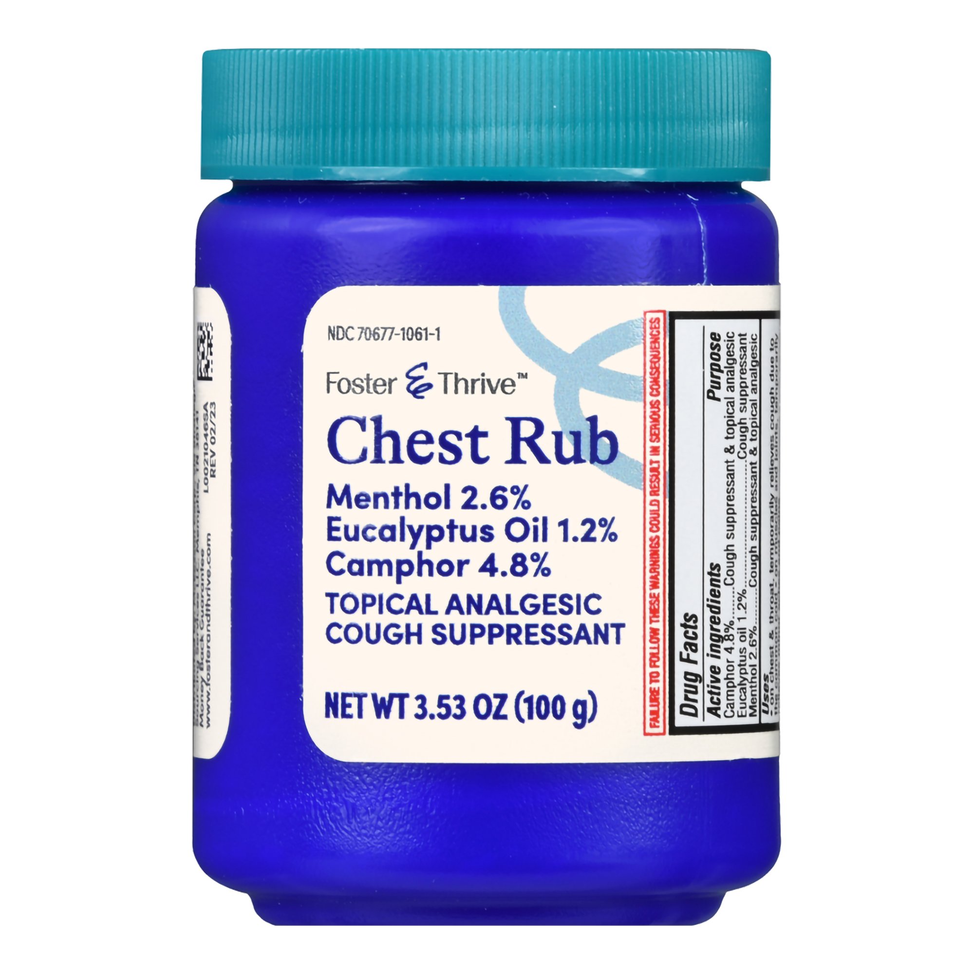 McKesson Brand 70677106101 - Foster & Thrive™ Chest Rub 2.6% Menthol 1.2% Eucalyptus Oil 4.8% Camphor - 1/Each
