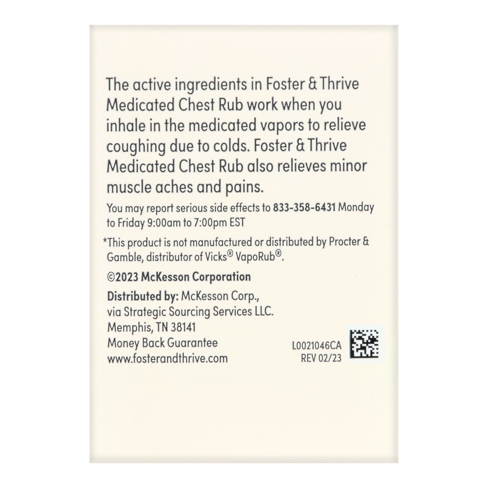 McKesson Brand 70677106101 - Foster & Thrive™ Chest Rub 2.6% Menthol 1.2% Eucalyptus Oil 4.8% Camphor - 1/Each