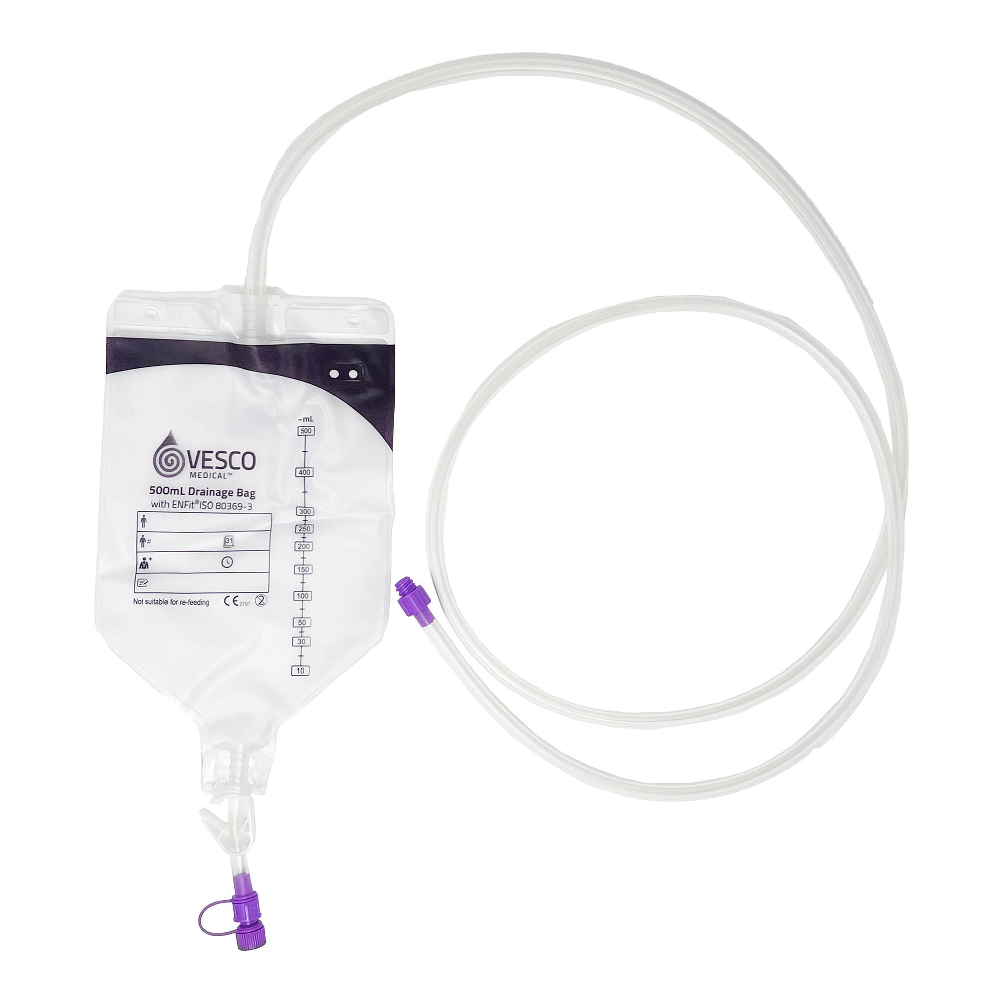 Vesco Medical - VED-010EO Enteral Drainage Bag with ENFit® Connector Vesco Medical™ 60 Inch Tubing 500 mL Sterile