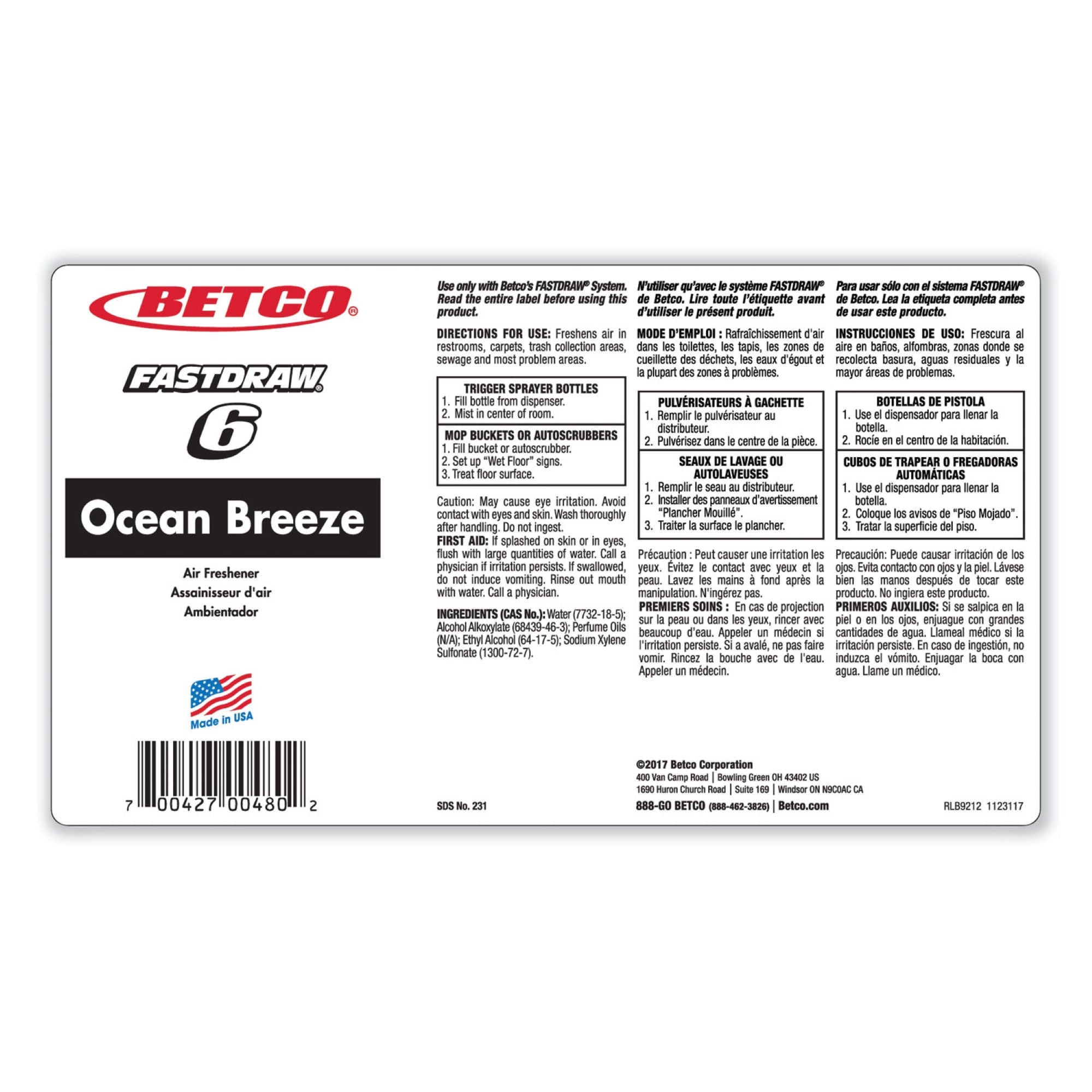 Essendant Co-United Stationers - BET2314700 Deodorizer Betco® Liquid 2 Liter Jug Ocean Breeze Scent