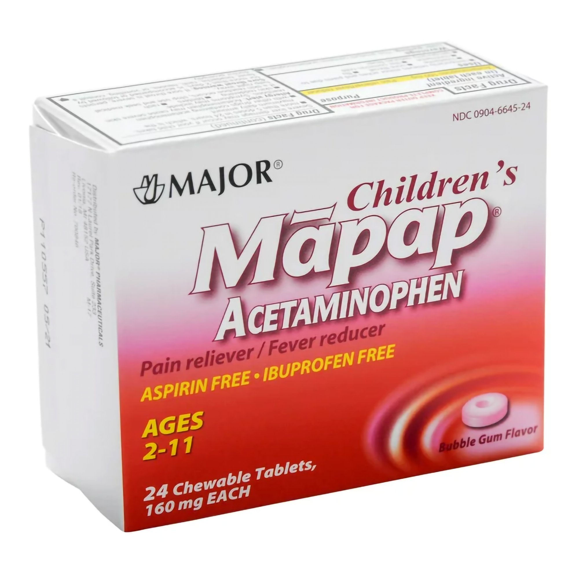 Major Pharmaceuticals 00904664524 - Mapap® Acetaminophen Children's Pain Relief / Fever Reducer, Bubble Gum flavor - 24/Box