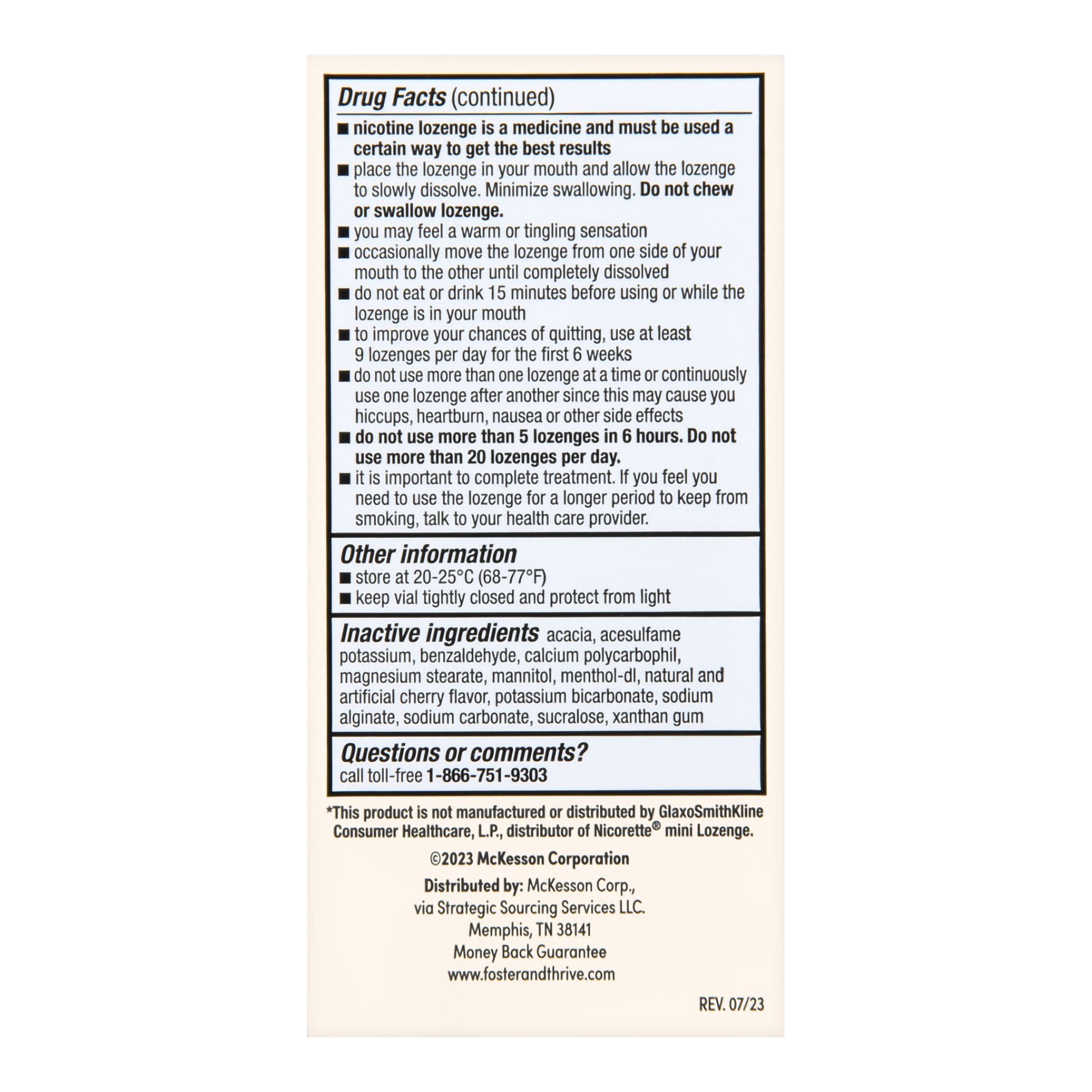 McKesson Brand 70677117201 - Foster & Thrive™ Mini Nicotine Polacrilex Lozenges 2 mg (Nicotine) Cherry Ice - 81/Pack