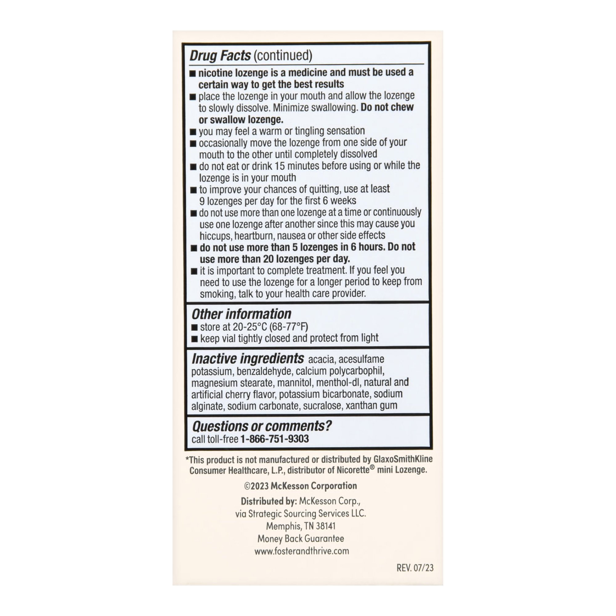 McKesson Brand 70677117301 - Foster & Thrive™ Mini Nicotine Polacrilex Lozenges 4 mg (Nicotine) Cherry Ice - 81/Pack