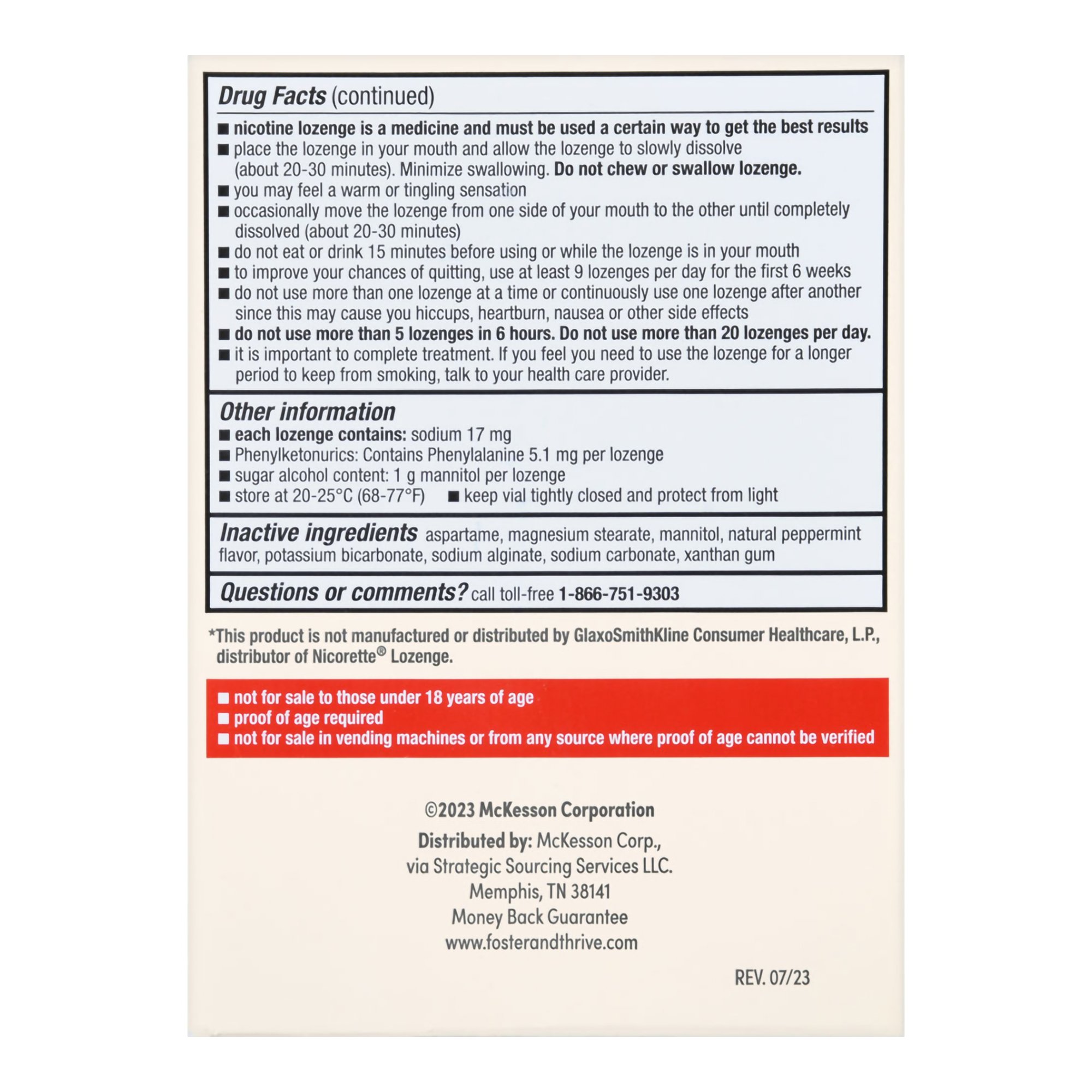 McKesson Brand 70677117601 - Foster & Thrive™ Nicotine Polacrilex Lozenges 2 mg (Nicotine) Mint - 72/Pack