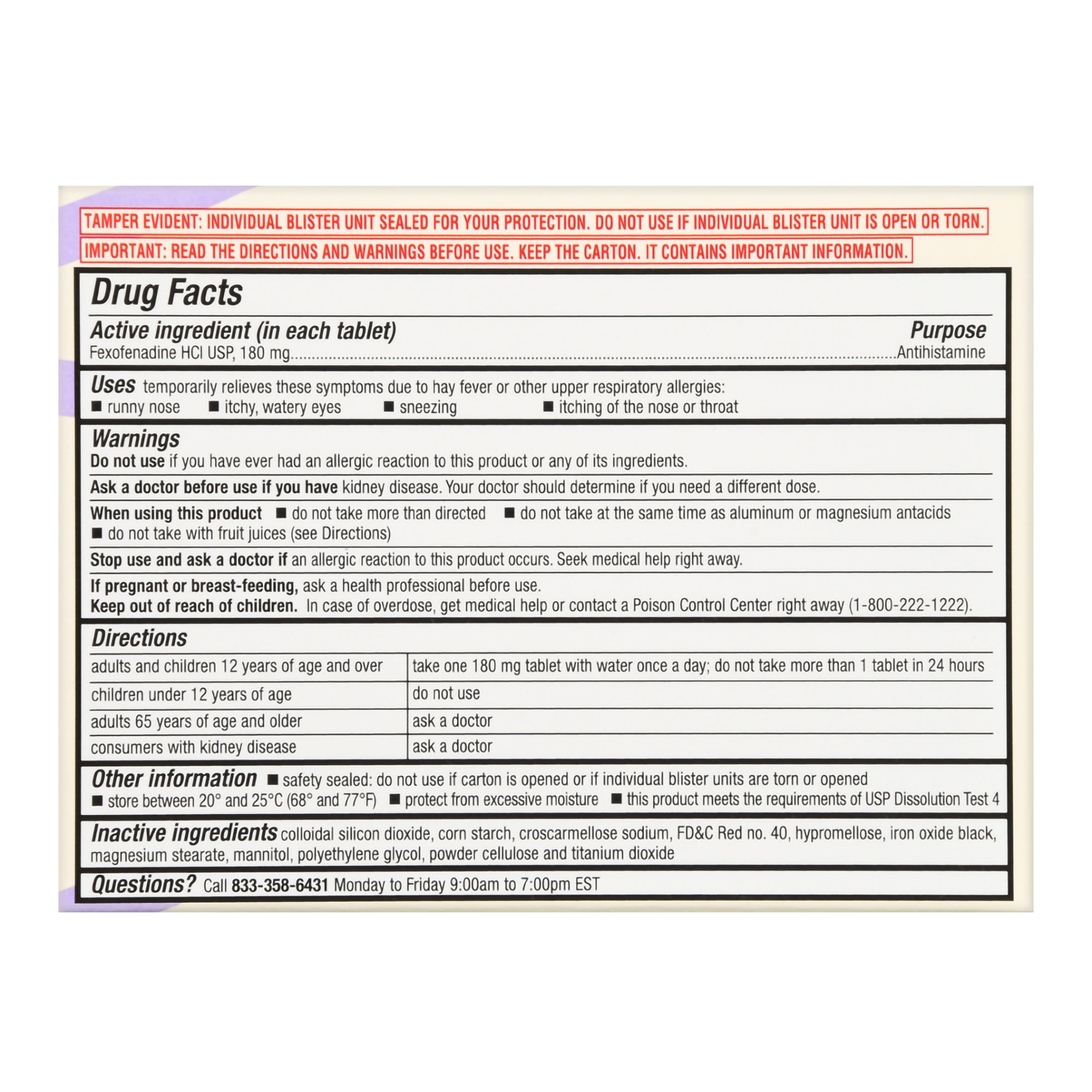 McKesson Brand 70677100901 - Foster & Thrive™ 24 Hour Allergy Relief Fexofenadine HCl USP 180 mg Tablets - 15/Box