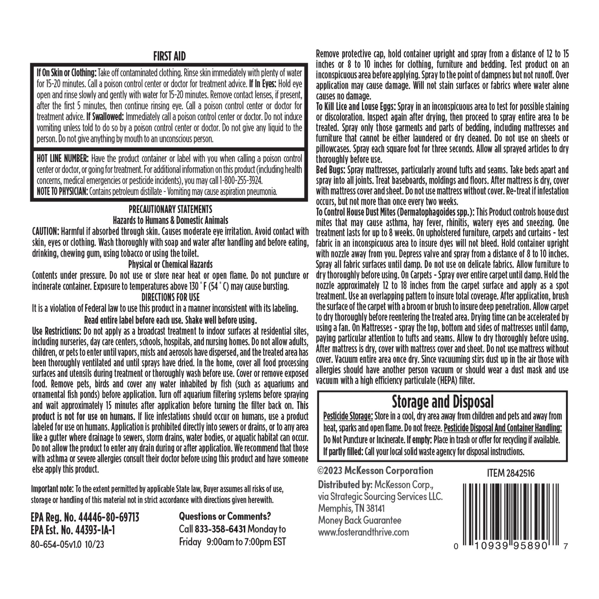 McKesson Brand 01093995890 - Foster & Thrive™ Lice, Bedbug, and Mite Furniture Spray, 5-ounce aerosol spray - 1/Each