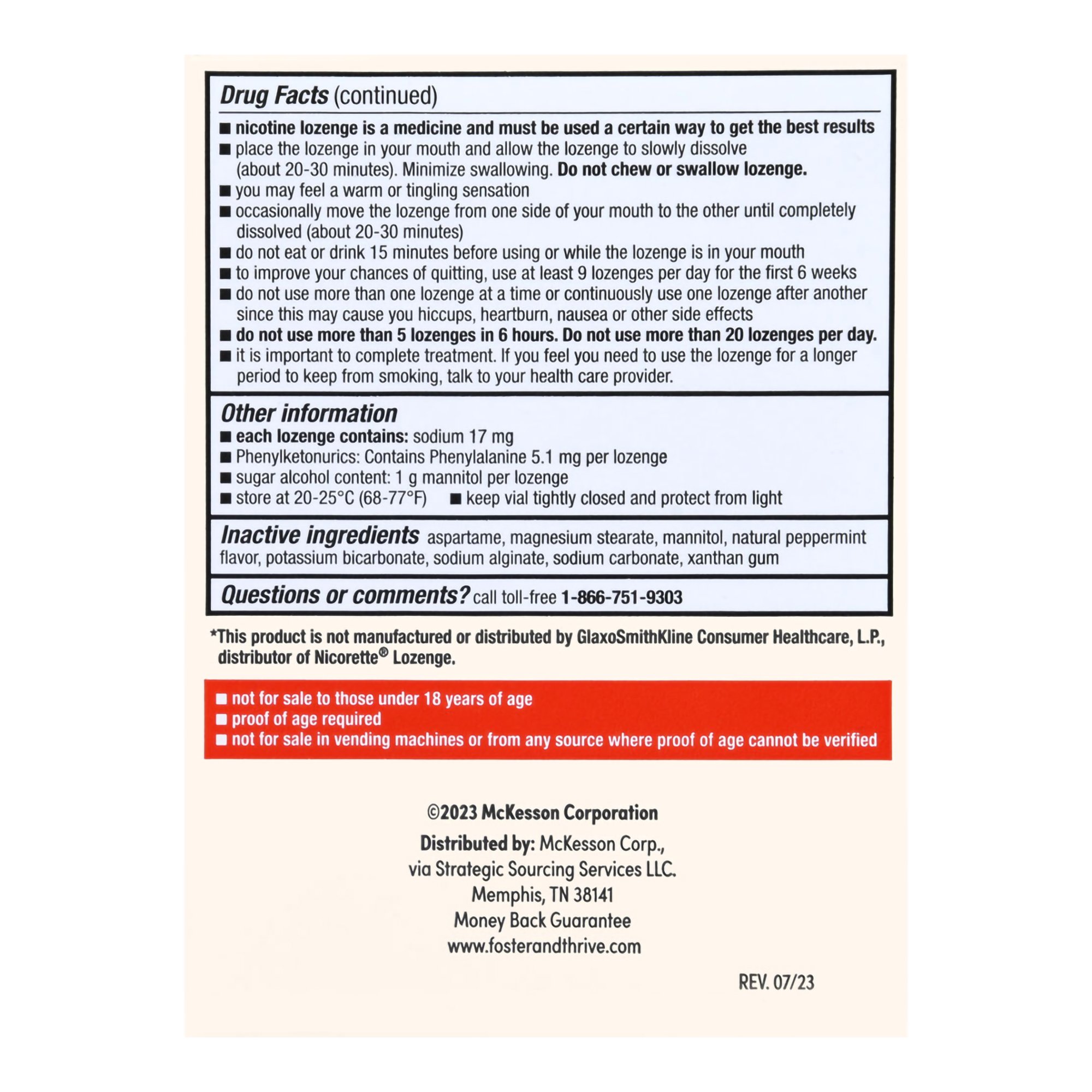 McKesson Brand 70677117701 - Foster & Thrive™ Nicotine Polacrilex 4 mg (Nicotine) Lozenges Mint - 1/Pack