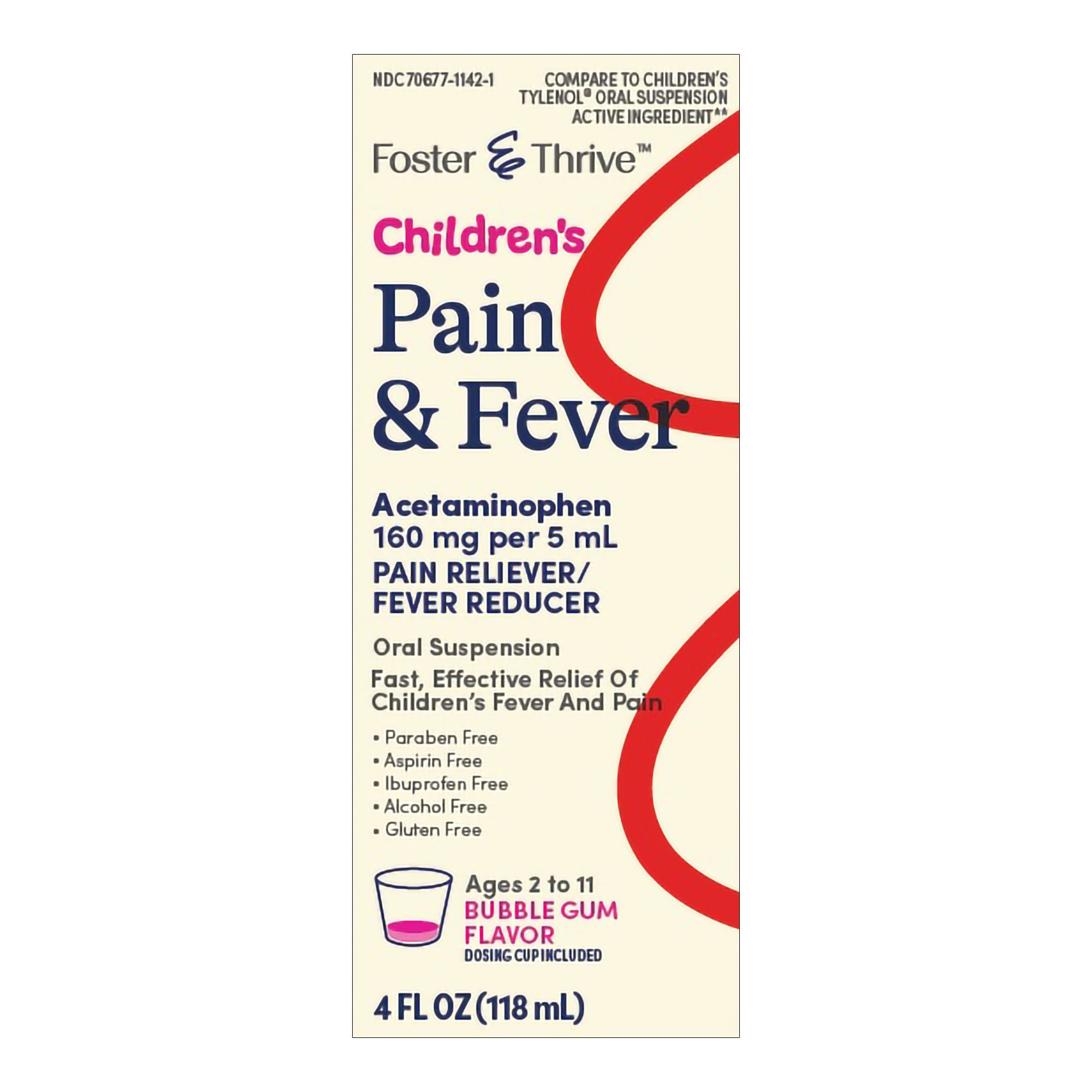 McKesson Brand - 70677114201 Foster & Thrive™ Children's Pain & Fever Acetaminophen Oral Suspension Bubblegum