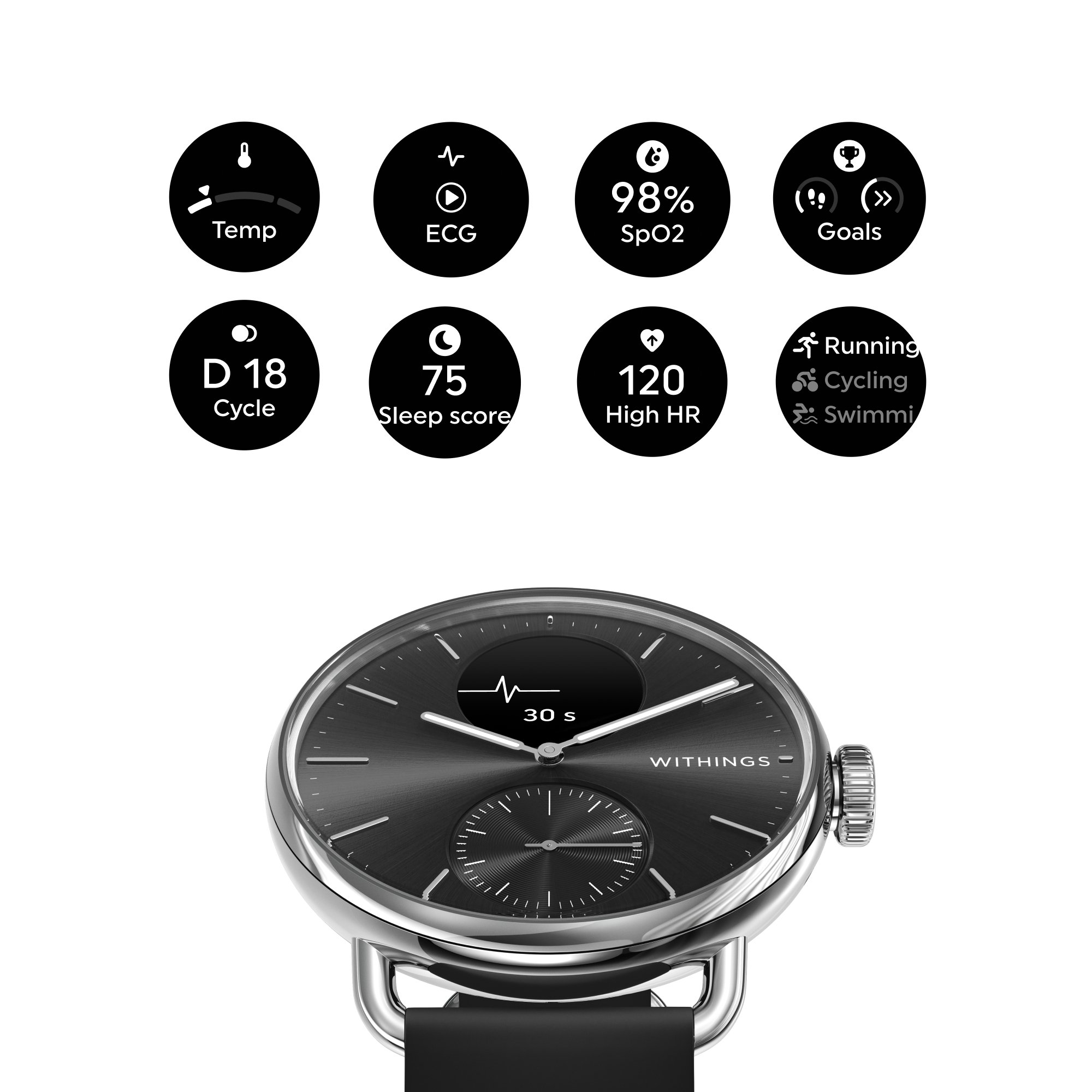 Withings Inc HWA10-MODEL 1-ALL-INT - Withings ScanWatch 2 Smart Watch, 38mm, Black - 1/Each