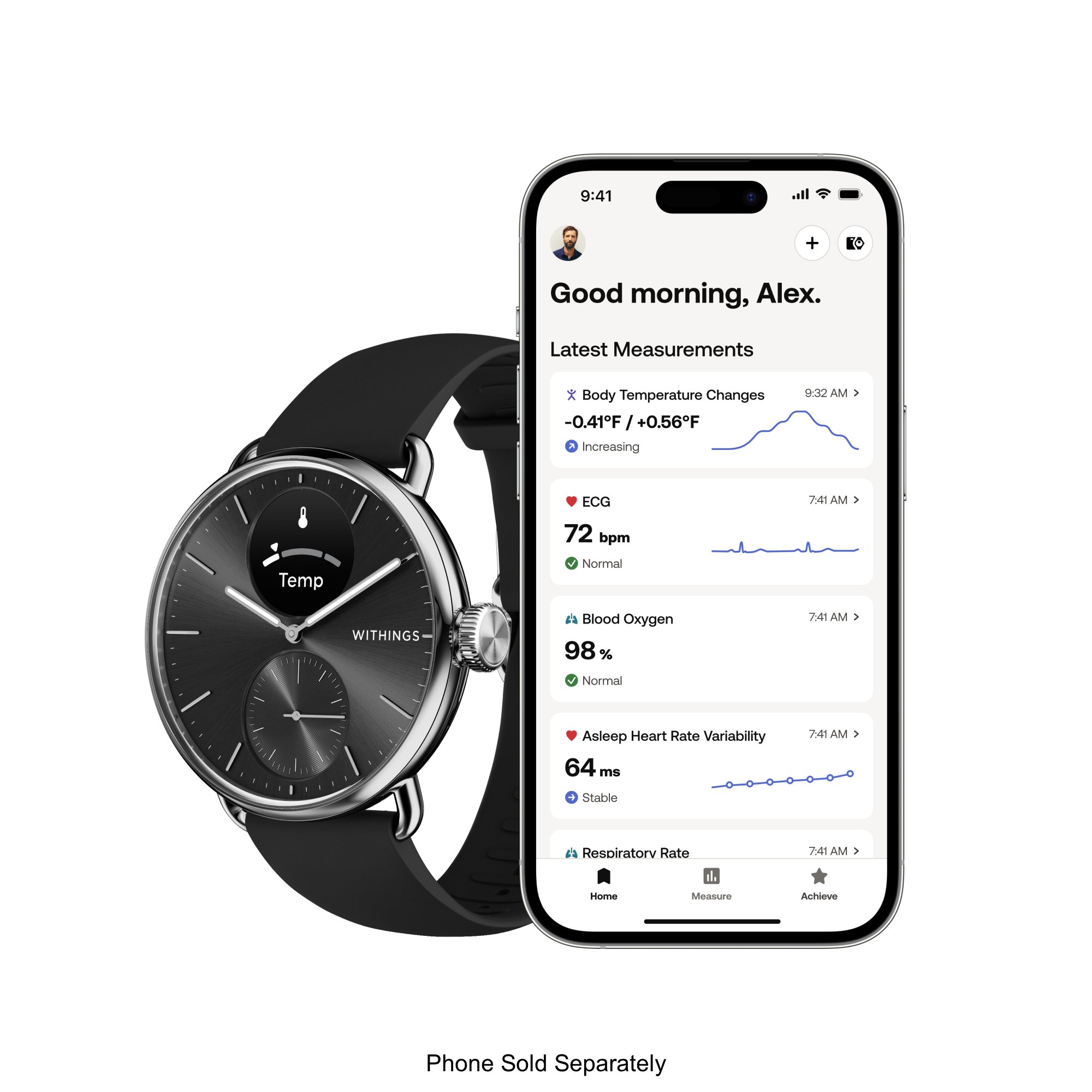 Withings Inc HWA10-MODEL 1-ALL-INT - Withings ScanWatch 2 Smart Watch, 38mm, Black - 1/Each