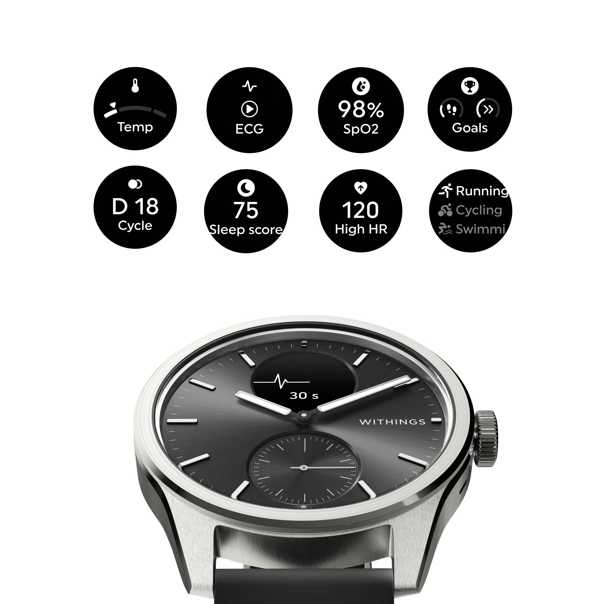 Withings Inc HWA10-MODEL 4-ALL-INT - Withings ScanWatch 2 Smart Watch, 42mm, Black - 1/Each