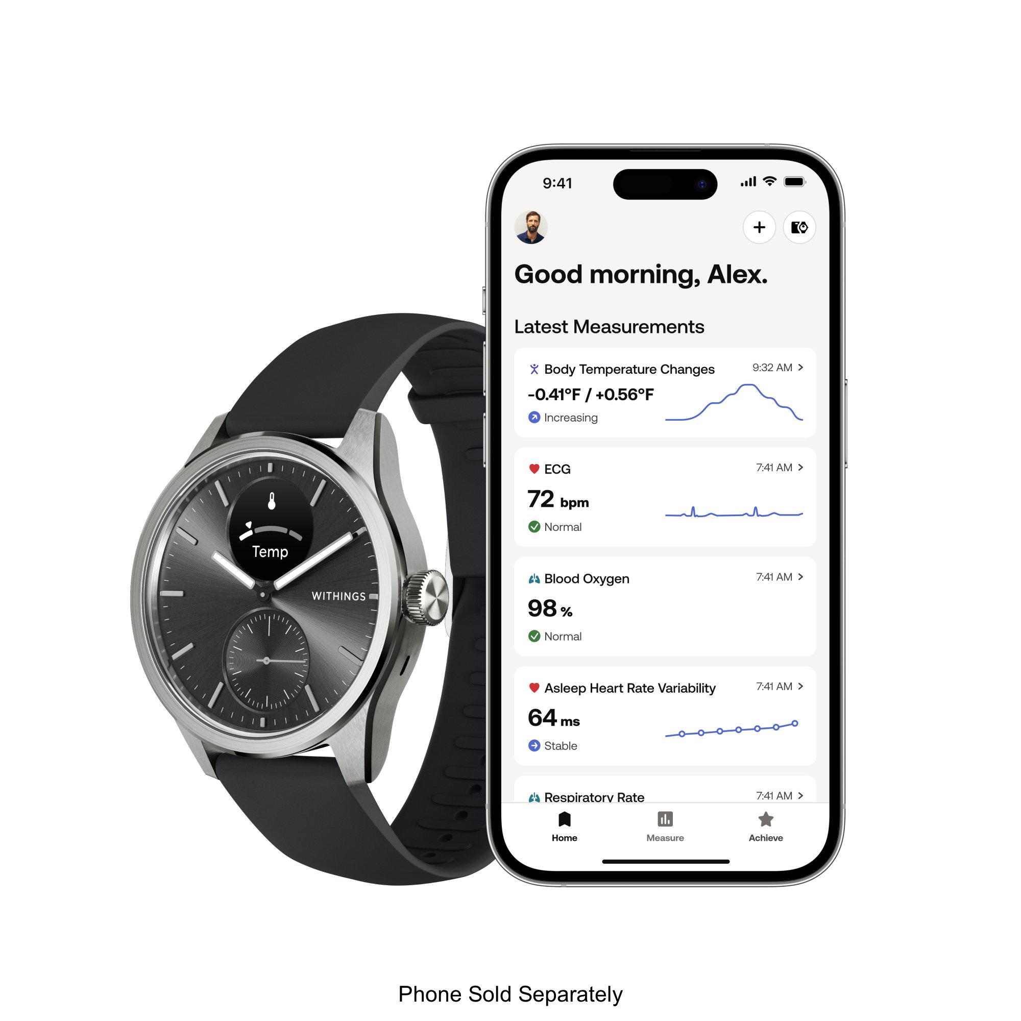 Withings Inc HWA10-MODEL 4-ALL-INT - Withings ScanWatch 2 Smart Watch, 42mm, Black - 1/Each