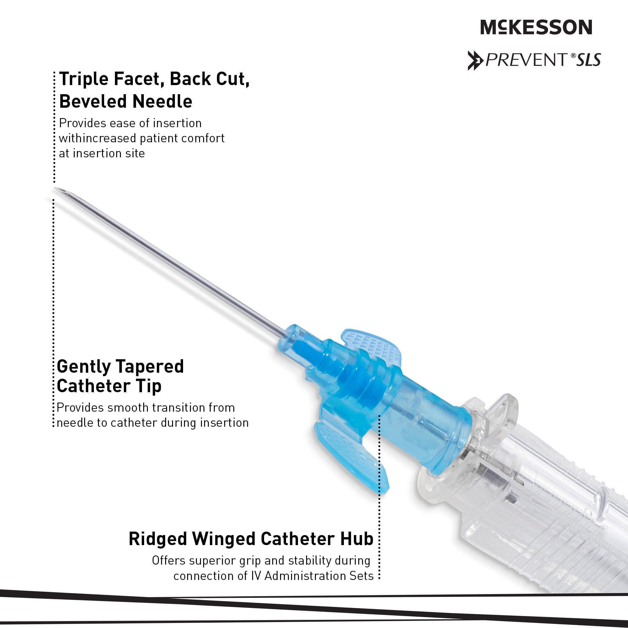 McKesson Brand - 200-IVSW221 Peripheral IV Catheter Prevent® SLS 22 Gauge 1 Inch Polyurethane Winged Hub Non Blood Control Sliding Safety