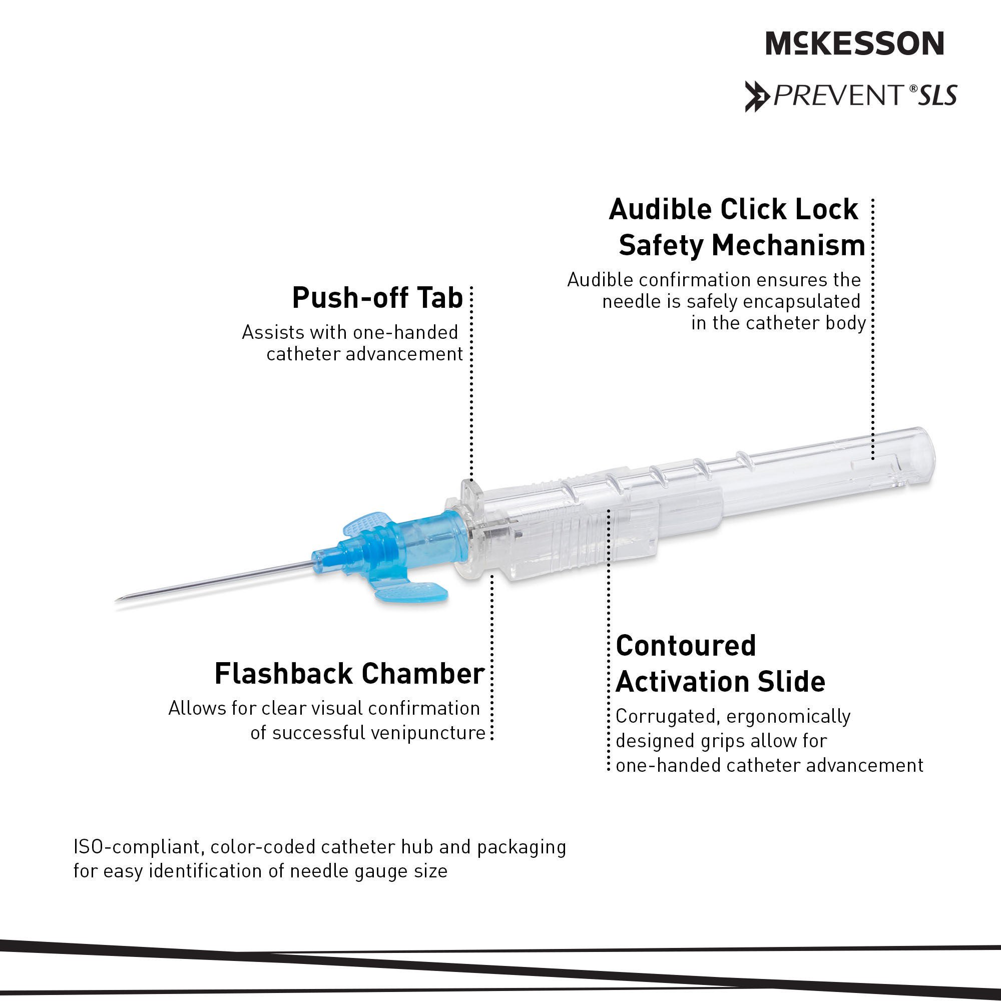 McKesson Brand - 200-IVSW221 Peripheral IV Catheter Prevent® SLS 22 Gauge 1 Inch Polyurethane Winged Hub Non Blood Control Sliding Safety