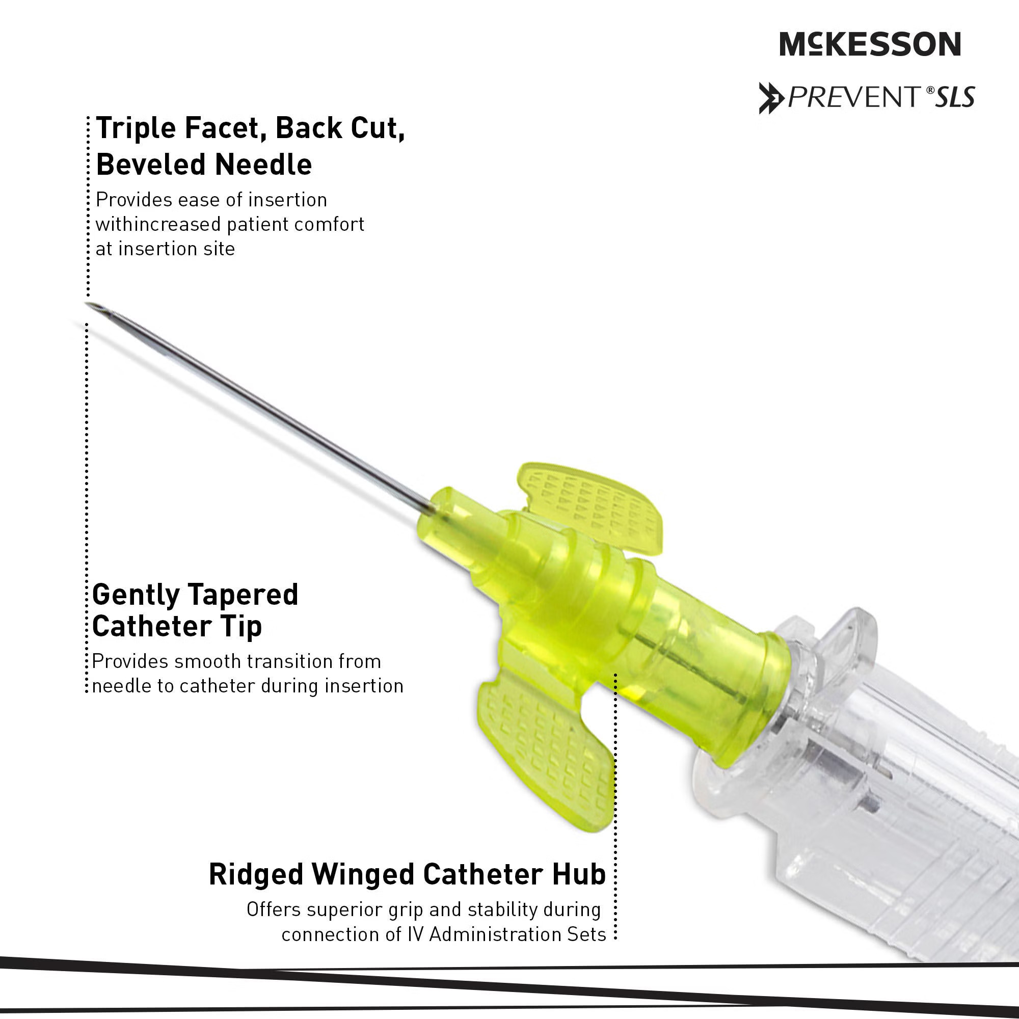 McKesson Brand - 200-IVSW2458 Peripheral IV Catheter Prevent® SLS 24 Gauge 3/4 Inch Polyurethane Winged Hub Non Blood Control Sliding Safety