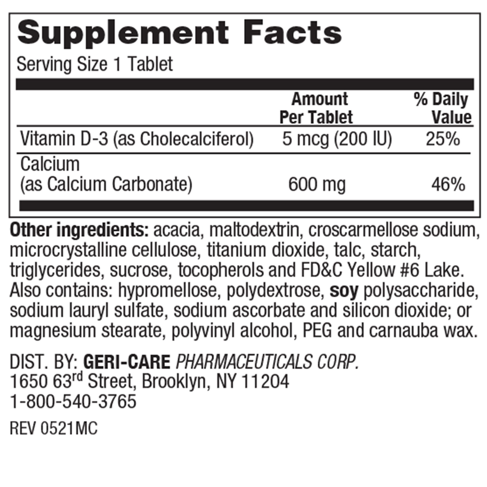 Geri-Care 747-06-GCP - Geri-Care® Calcium 600 + D Dietary Supplement - 60/Bottle, 720/Case