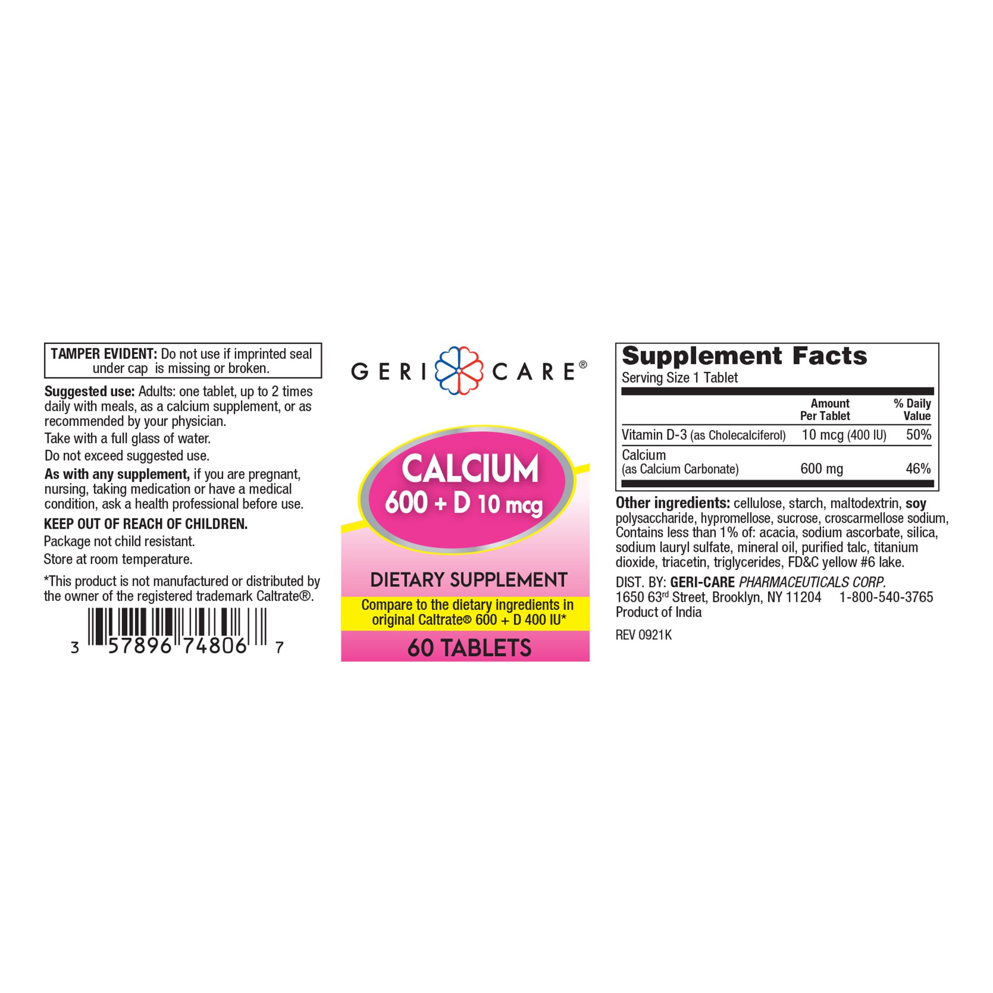 Geri-Care 748-06-GCP - Geri-Care® Calcium 600 + D Dietary Supplement - 60/Bottle, 720/Case