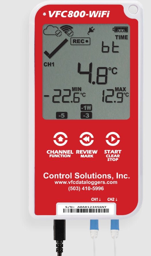 Control Solutions Inc - VFC800-WIFI-KIT Refrigerator / Freezer Vaccine Data Logger with Alarm Kit LogTag® VFC 800-WiFi Fahrenheit / Celsius -40° to 210°F (-40° to +99°C) Glycol Bottle Probe AC Adaptor / USB / Battery Backup