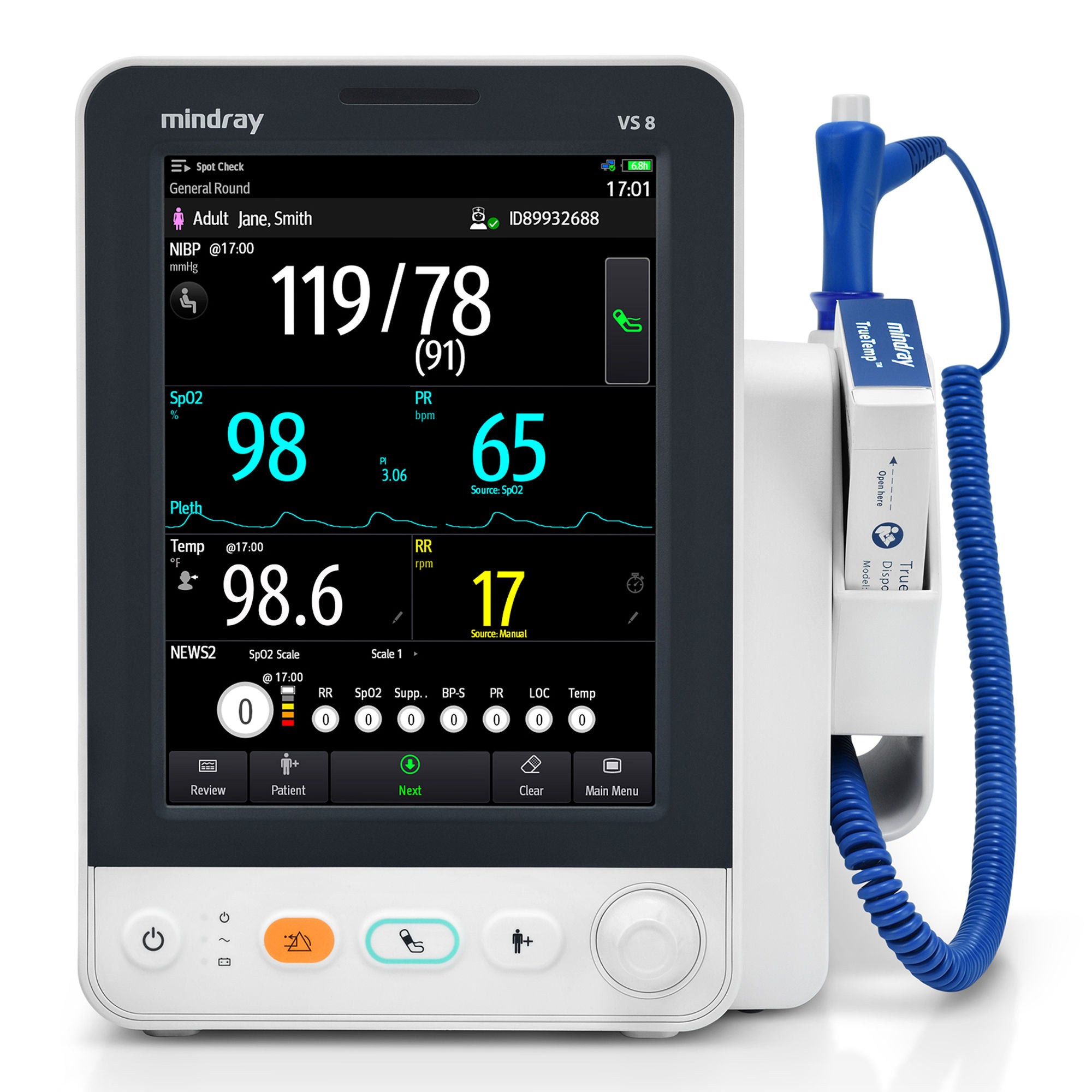 Mindray USA - 121-002416-00 Patient Monitor Mindray Monitoring NIBP and Pulse Rate TrueTemp AC Power / Battery Operated