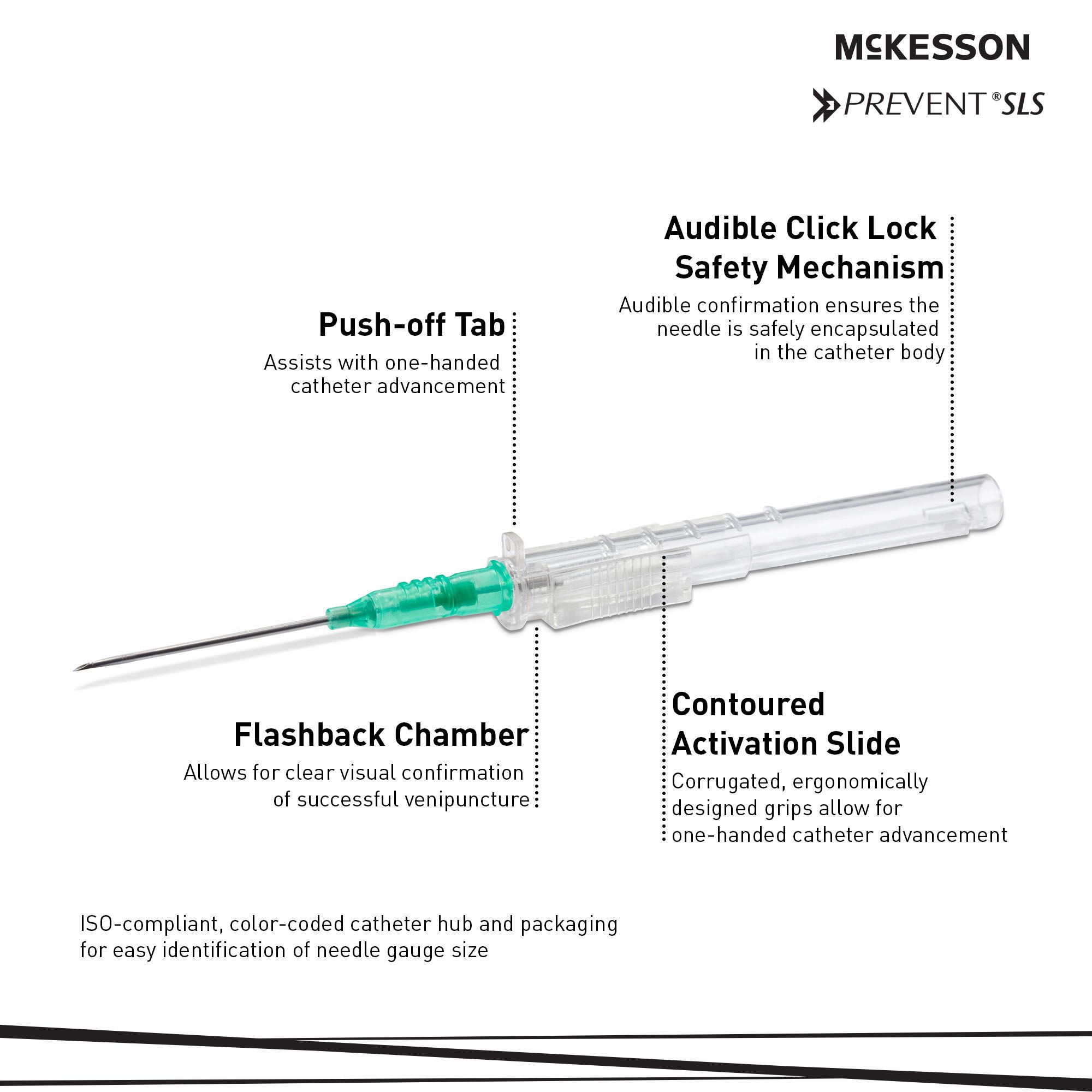 McKesson Brand - 200-IVSB18114 Peripheral IV Catheter Prevent® SLS 18 Gauge 1-1/4 Inch Polyurethane Straight Hub Blood Control Sliding Safety