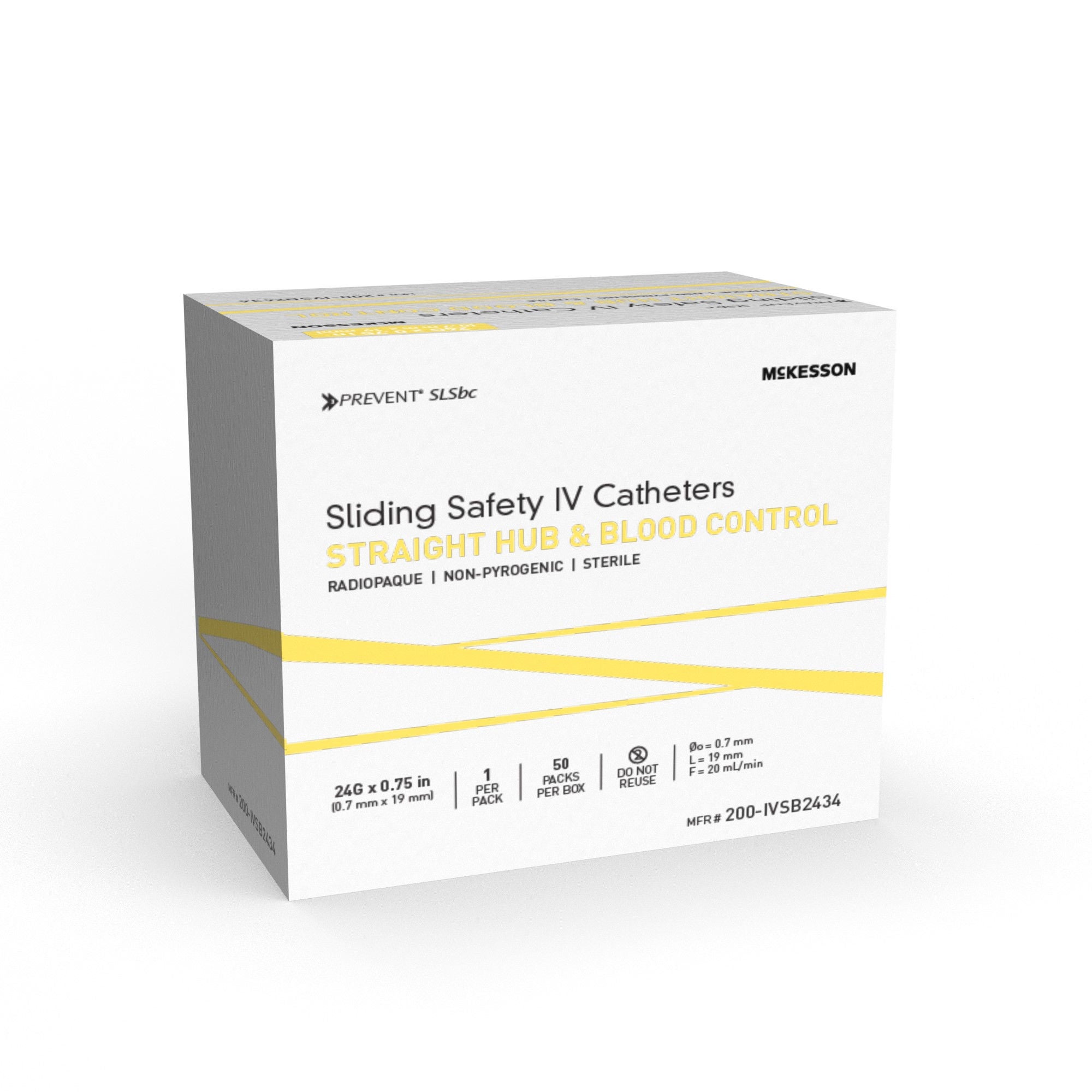 McKesson Brand - 200-IVSB2434 Peripheral IV Catheter Prevent® SLS 24 Gauge 3/4 Inch Polyurethane Straight Hub Blood Control Sliding Safety
