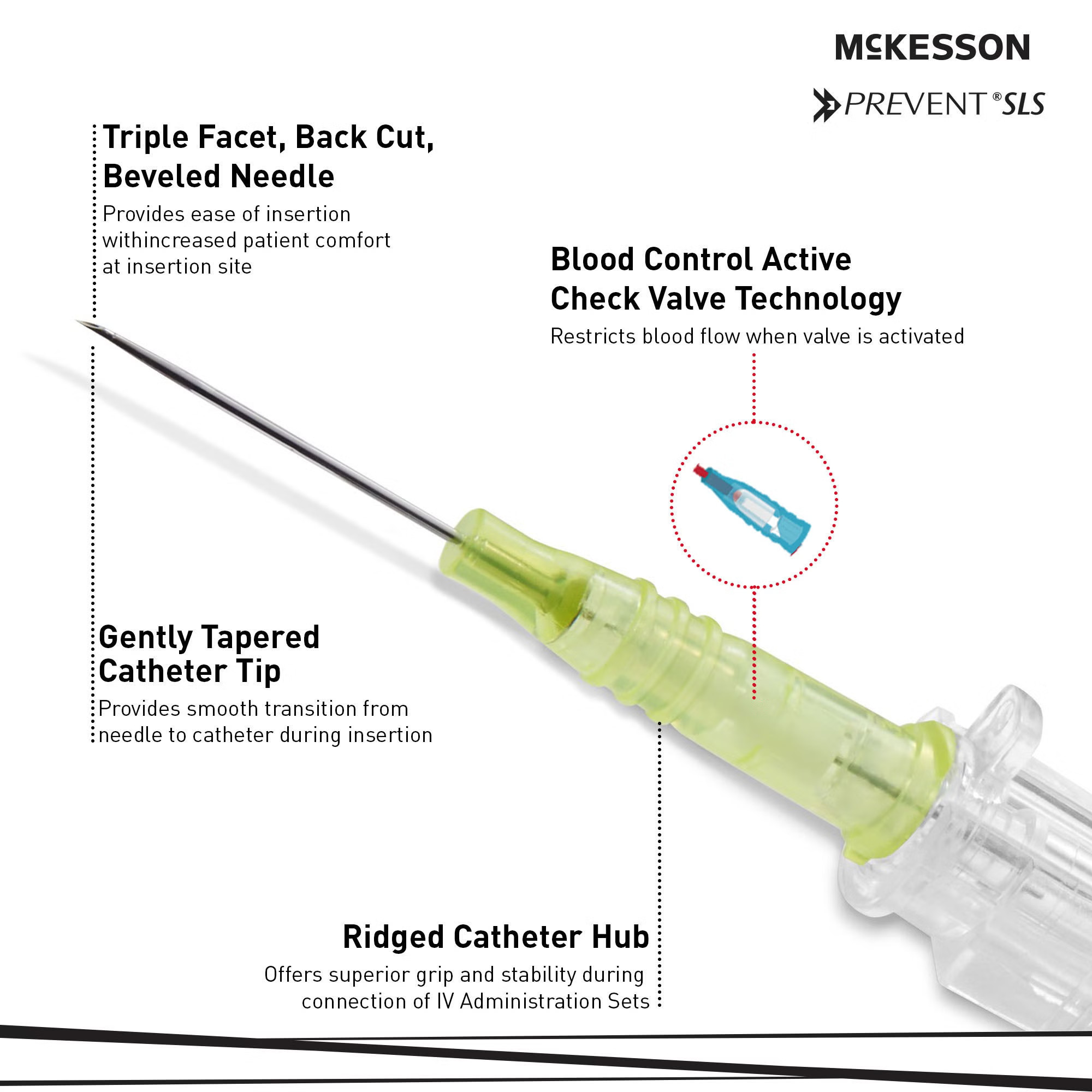 McKesson Brand - 200-IVSB2434 Peripheral IV Catheter Prevent® SLS 24 Gauge 3/4 Inch Polyurethane Straight Hub Blood Control Sliding Safety