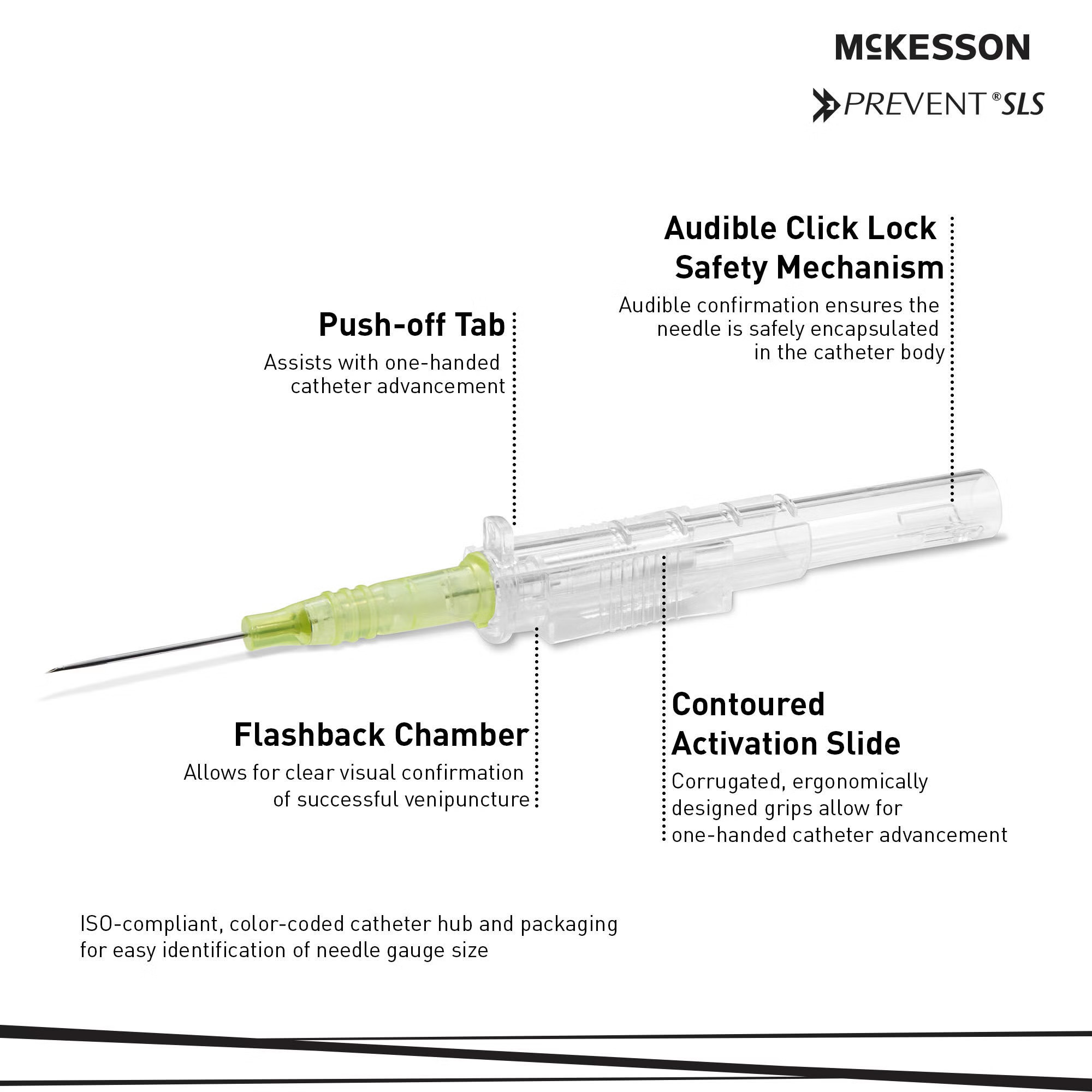 McKesson Brand - 200-IVSB2434 Peripheral IV Catheter Prevent® SLS 24 Gauge 3/4 Inch Polyurethane Straight Hub Blood Control Sliding Safety