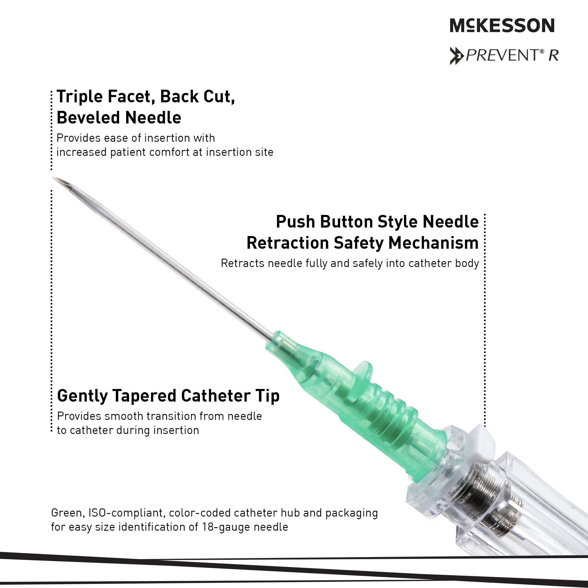 McKesson Brand - 200-IVRB18116 Peripheral IV Catheter McKesson Prevent® R 18 Gauge 1.16 Inch Polyurethane Straight Hub Blood Control Push Button Safety