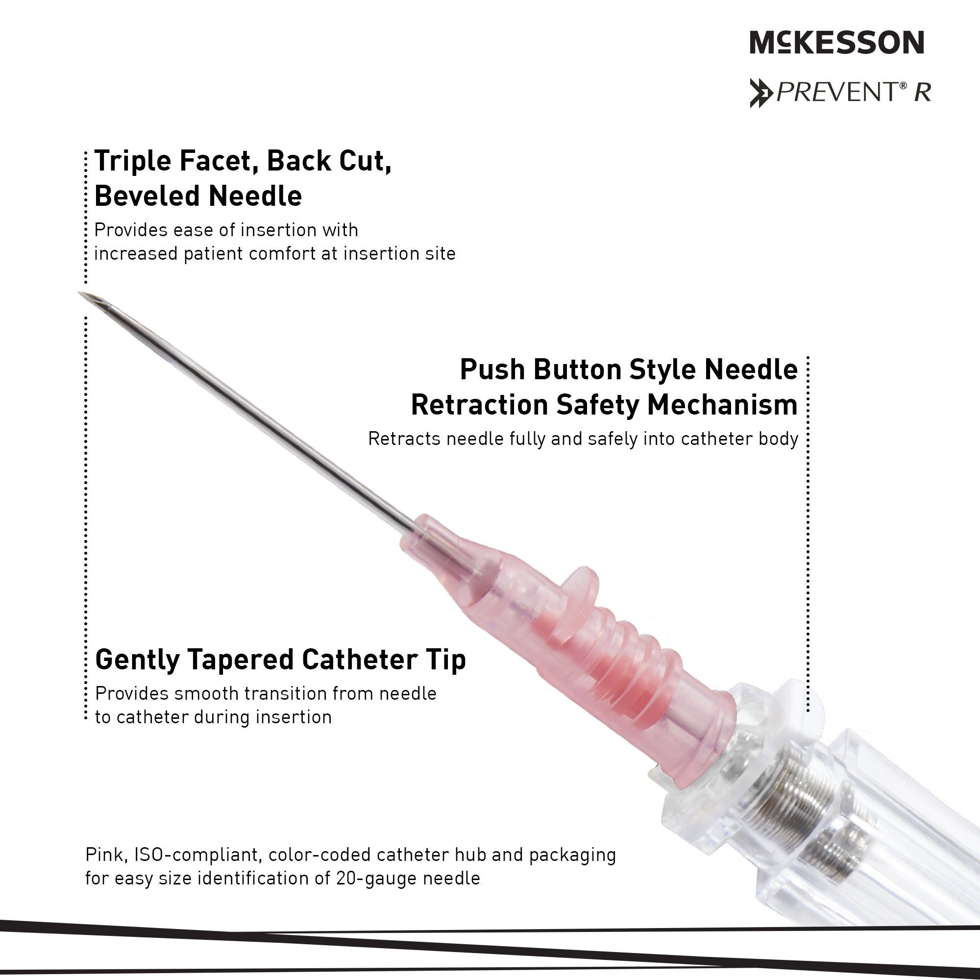 McKesson Brand - 200-IVRB201 Peripheral IV Catheter McKesson Prevent® R 20 Gauge 1 Inch Polyurethane Straight Hub Blood Control Push Button Safety
