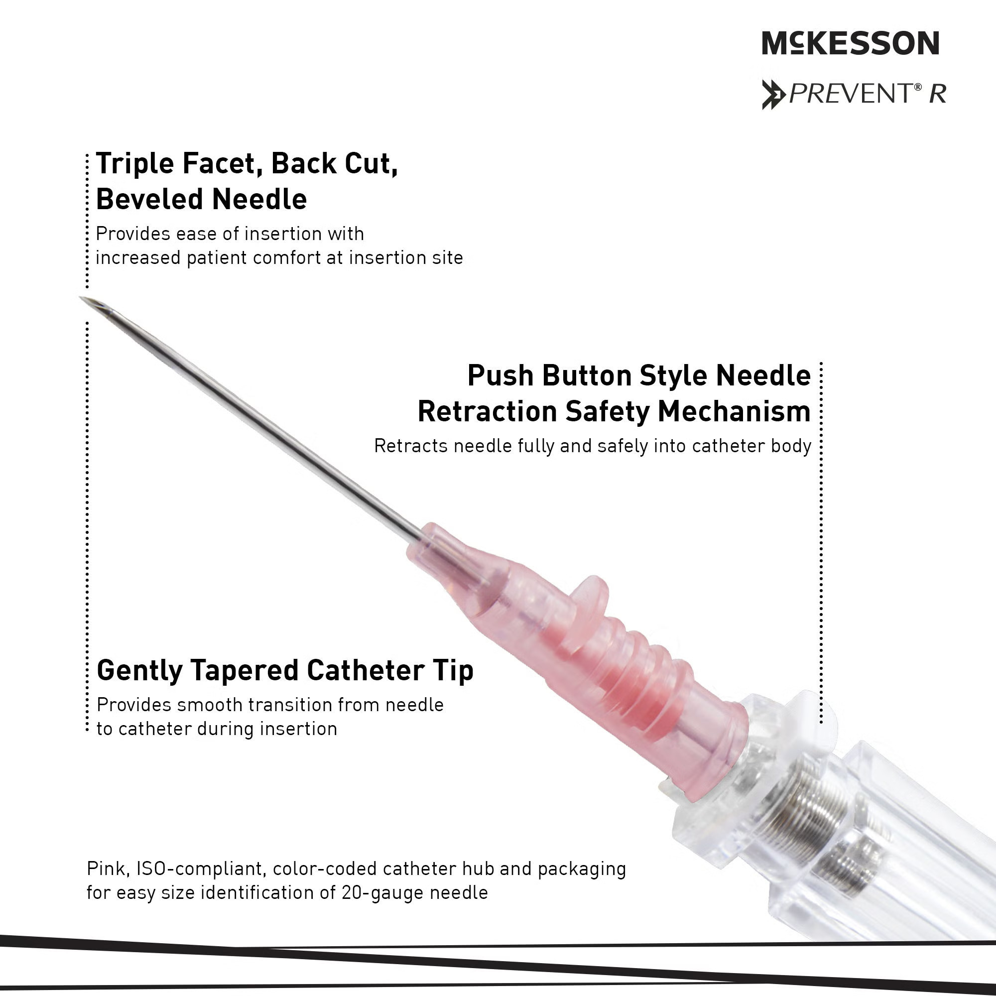McKesson Brand - 200-IVRB20116 Peripheral IV Catheter McKesson Prevent® R 20 Gauge 1.16 Inch Polyurethane Straight Hub Blood Control Push Button Safety