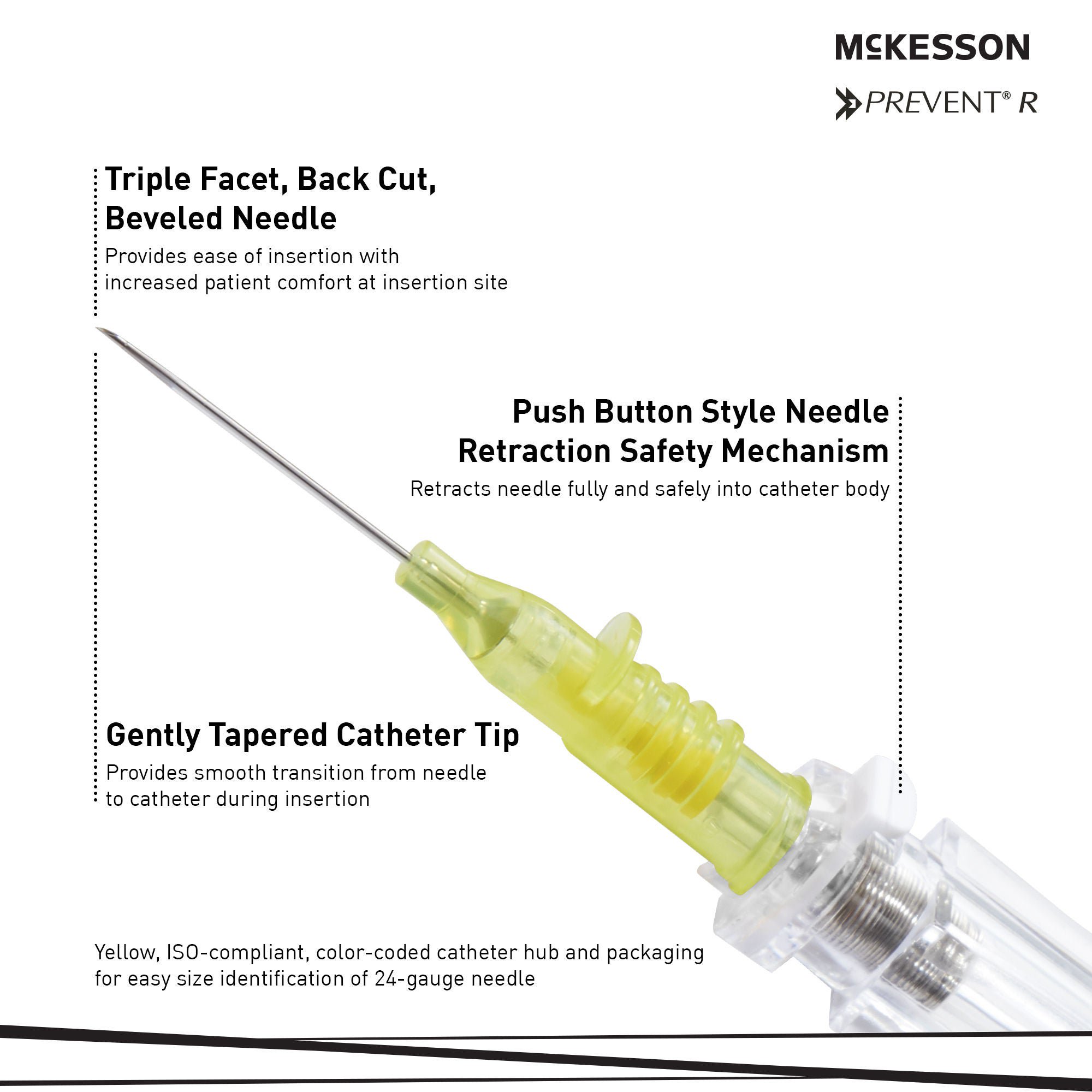 McKesson Brand - 200-IVRB2434 Peripheral IV Catheter McKesson Prevent® R 24 Gauge 3/4 Inch Polyurethane Straight Hub Blood Control Push Button Safety