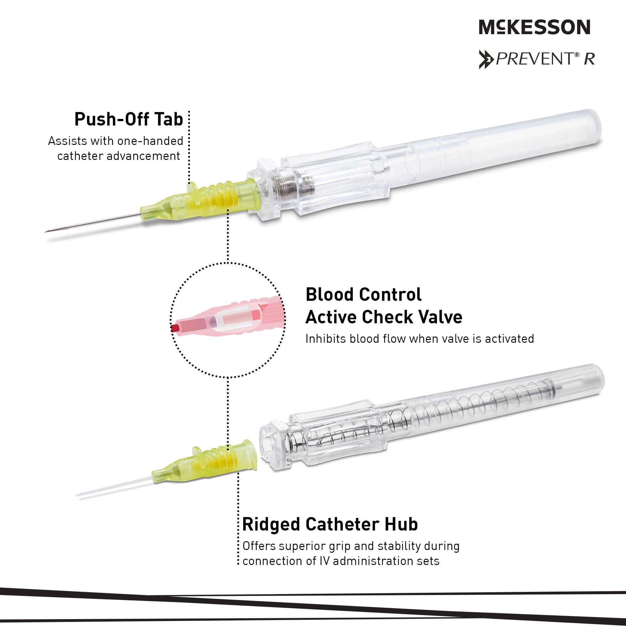 McKesson Brand - 200-IVRB2434 Peripheral IV Catheter McKesson Prevent® R 24 Gauge 3/4 Inch Polyurethane Straight Hub Blood Control Push Button Safety