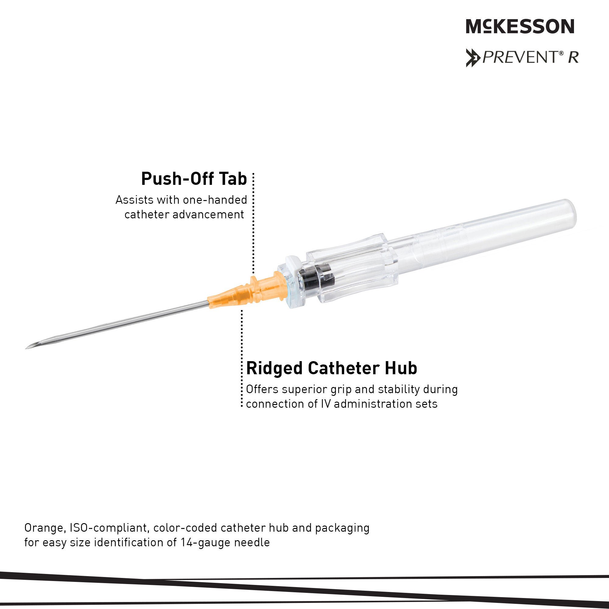 McKesson Brand - 200-IVR14134 Peripheral IV Catheter McKesson 14 Gauge 1-3/4 Inch Polyurethane Straight Hub Non Blood Control Push Button Safety