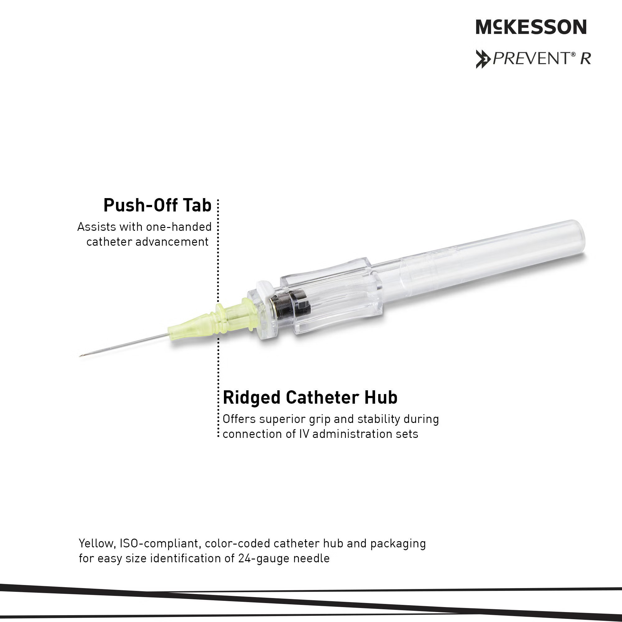 McKesson Brand - 200-IVR2434 Peripheral IV Catheter McKesson 24 Gauge 3/4 Inch Polyurethane Straight Hub Non Blood Control Push Button Safety