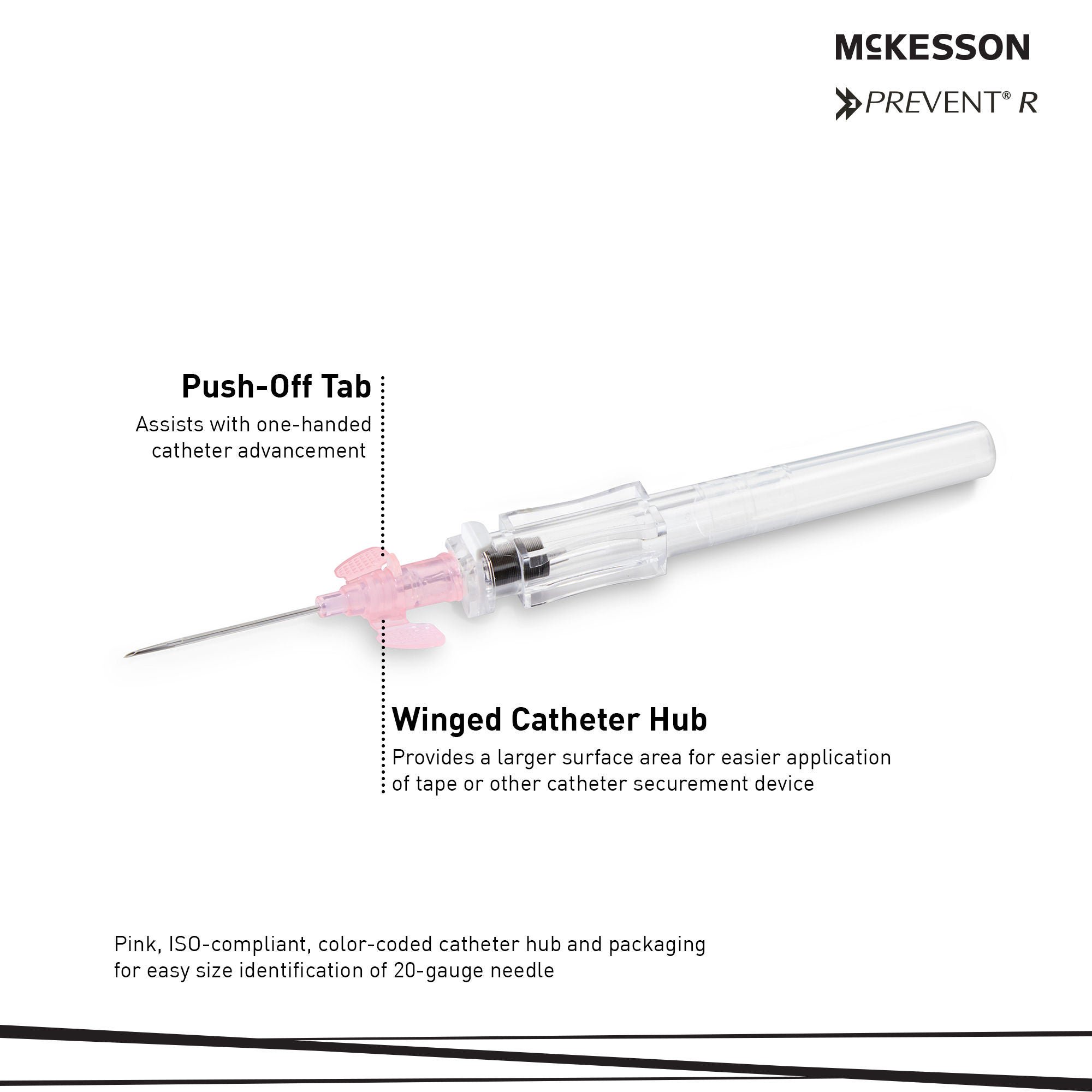 McKesson Brand - 200-IVRW201 Peripheral IV Catheter McKesson 20 Gauge 1 Inch Polyurethane Winged Hub Non Blood Control Push Button Safety