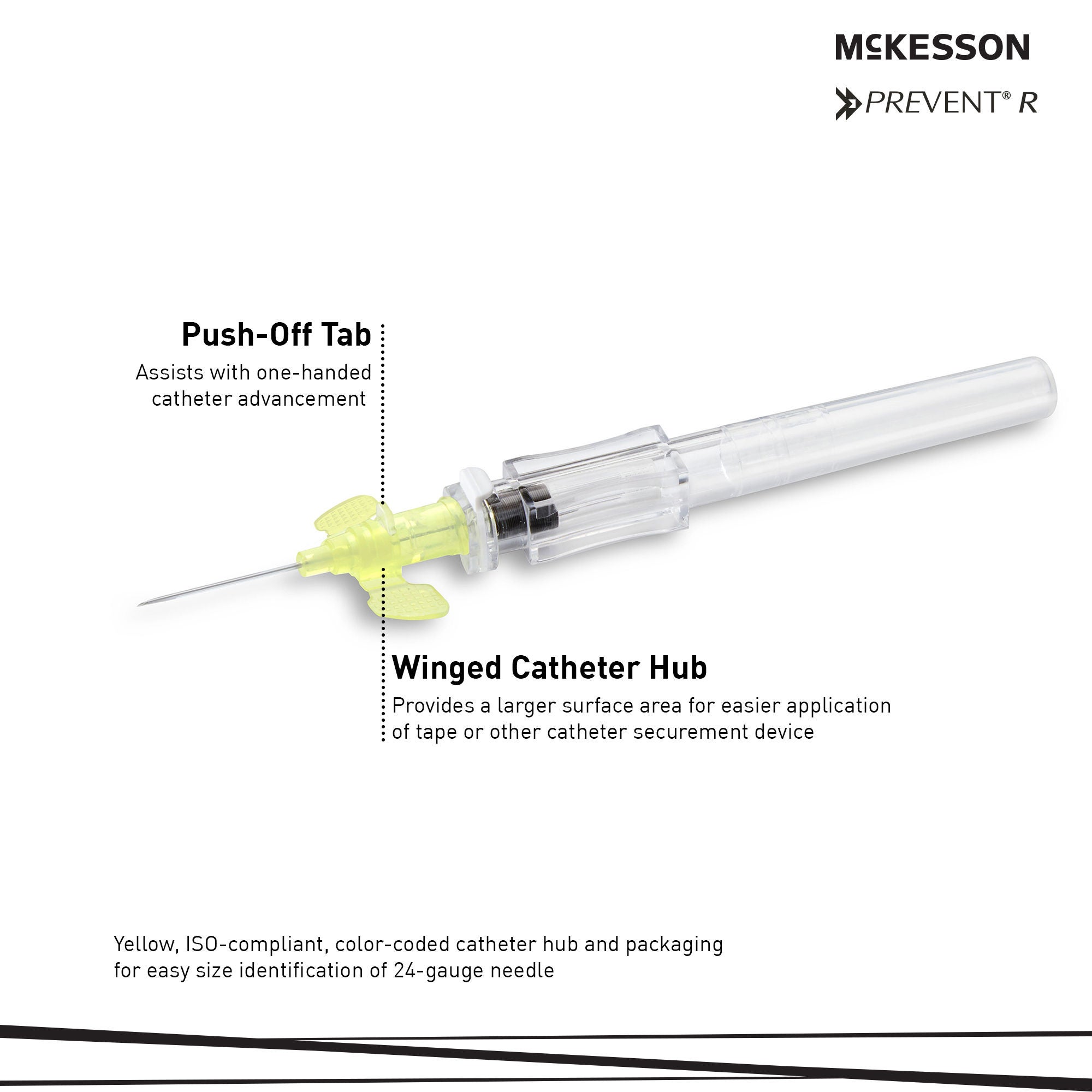 McKesson Brand - 200-IVRW2434 Peripheral IV Catheter McKesson 24 Gauge 3/4 Inch Polyurethane Winged Hub Non Blood Control Push Button Safety