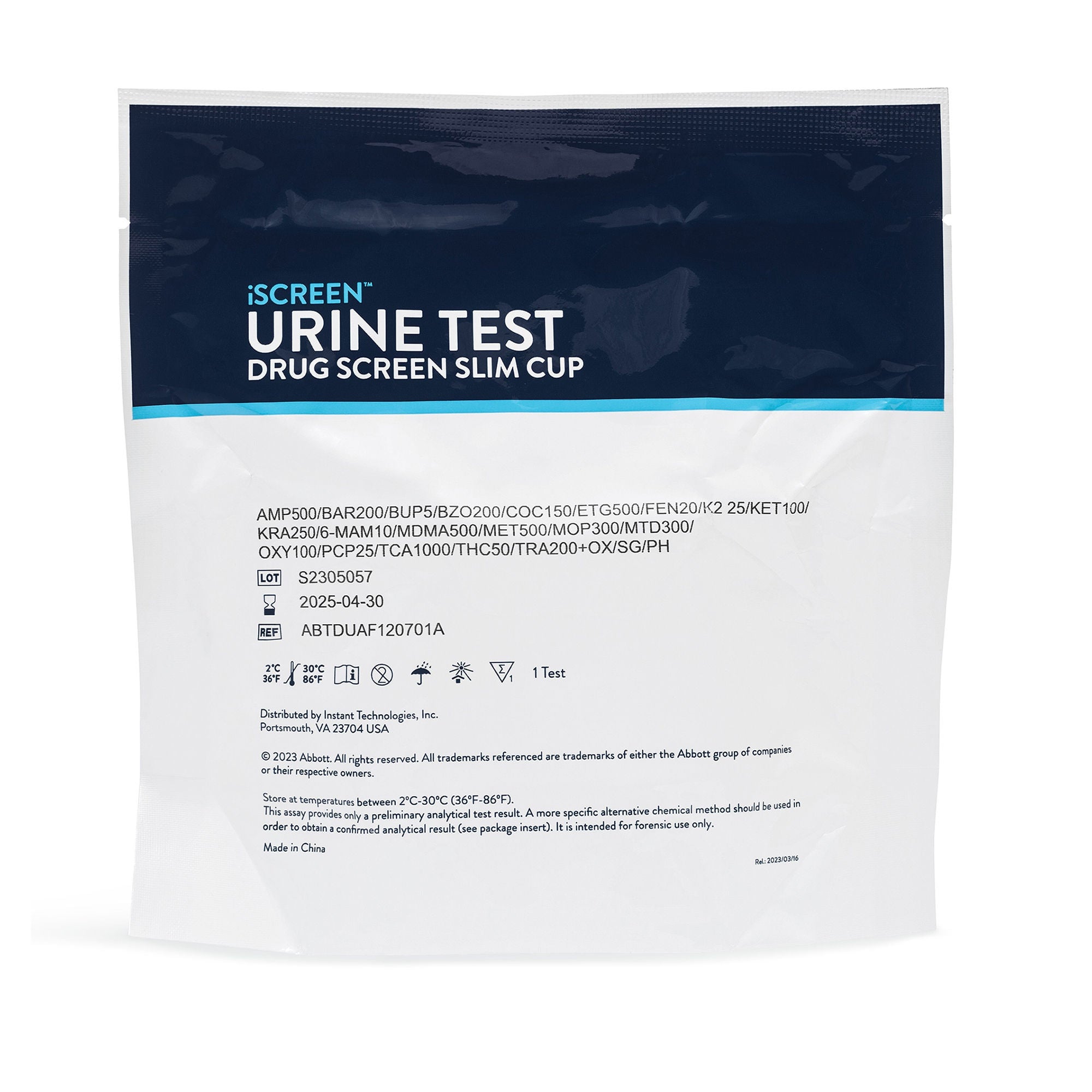 Abbott Rapid Dx North America LLC - ABTDUAF117701A Drugs of Abuse Test Kit iScreen™ Slim Cup AMP500, BAR300, BUP10, BZO300, COC150, EtG500, FTY20, K2 25, MDMA500, MAMP/MET500, MOP300, MTD300, OXY100, PCP25, THC Metab 50, TRA200, KRA 250, (CR, OX, pH) 25 T