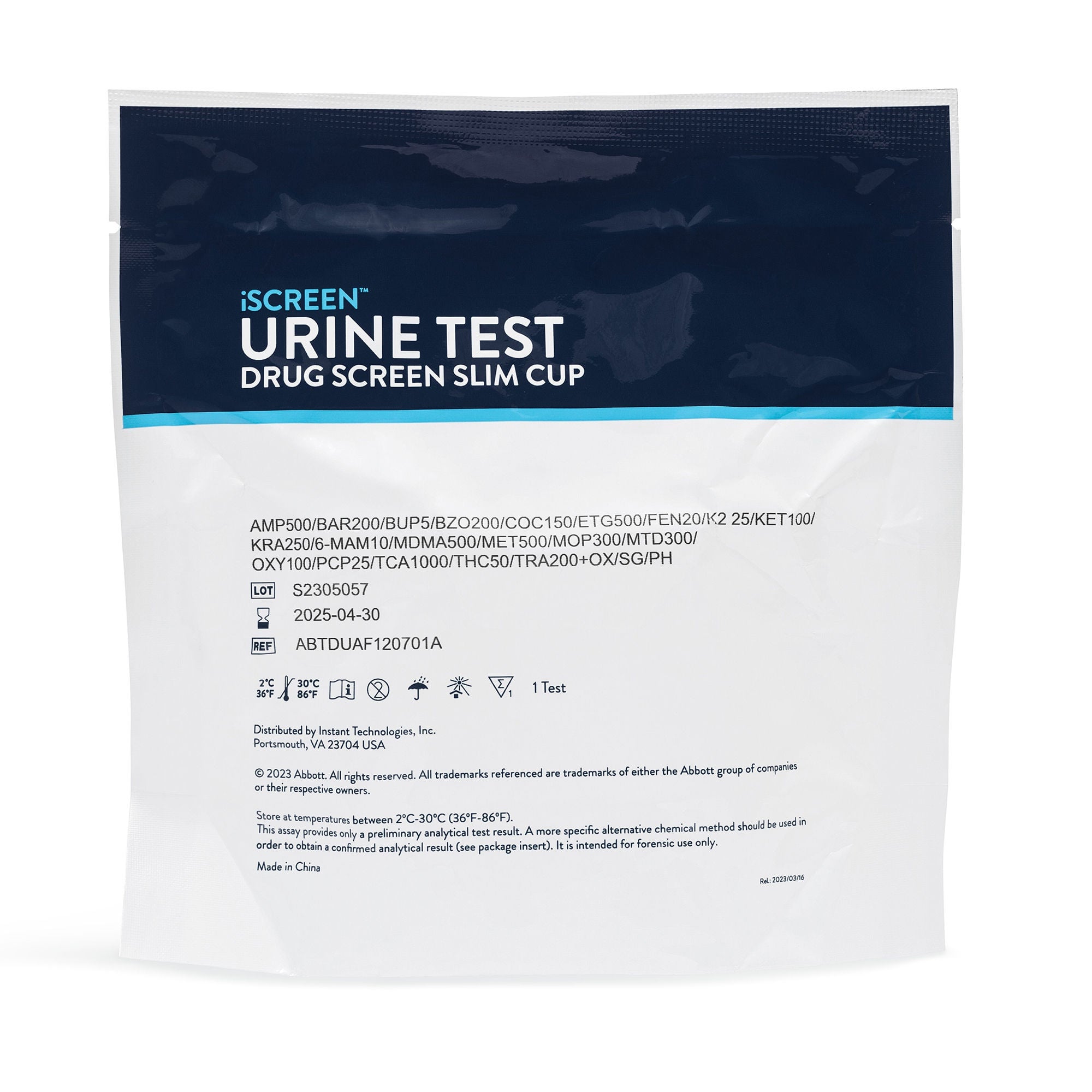 Abbott Rapid Dx North America LLC - ABTDUAF120701A Drugs of Abuse Test Kit iScreen™ Slim Cup AMP500, BAR200, BUP5, BZO200, COC150, EtG500, FTY20, K2 25, mAMP/MET500, MDMA500, MOP300, MTD300, OXY100, PCP25, TCA 1000,THC Metab 50, TRA200, KET 100, KRA 250, 