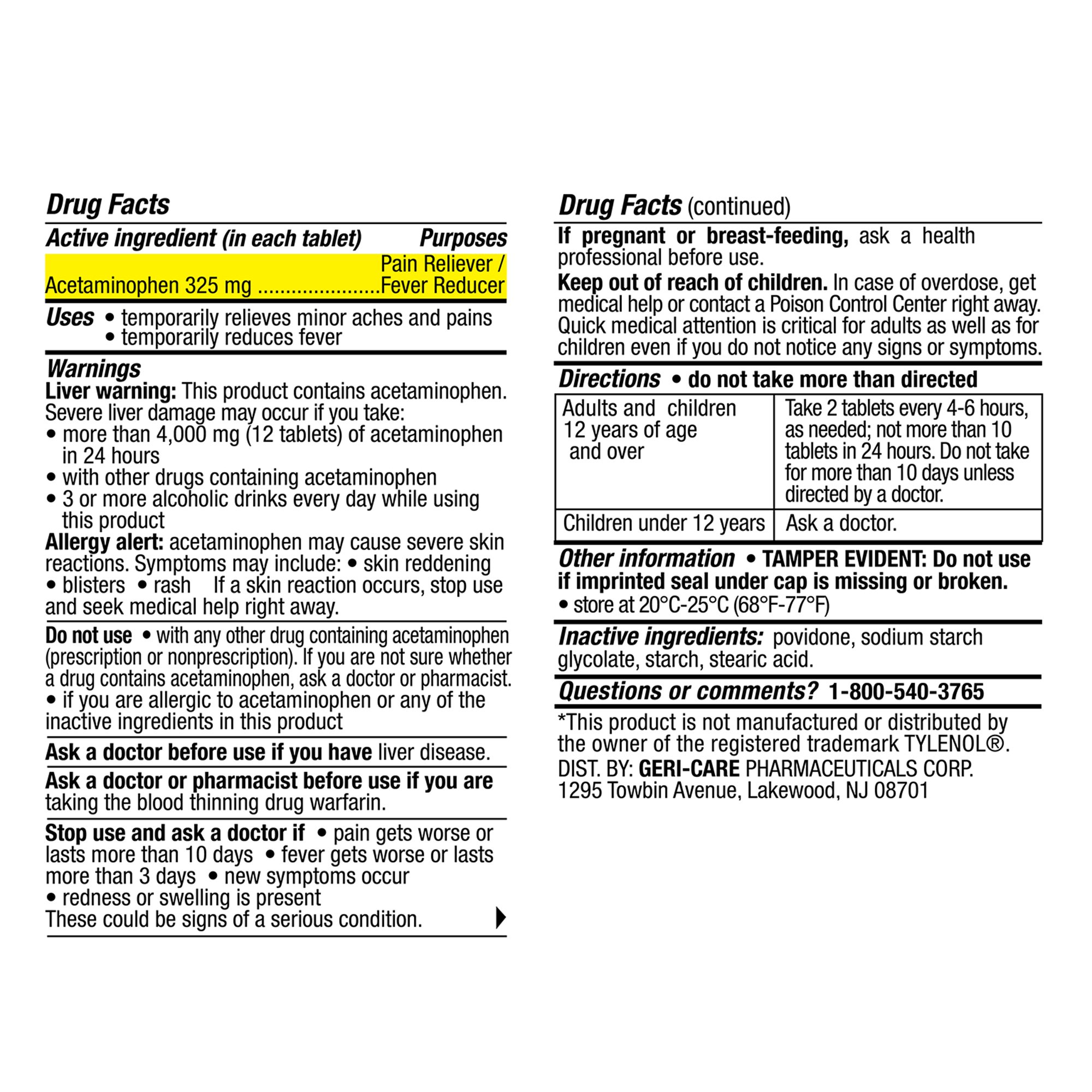 Geri-Care 101-10-GCP - Geri-Care® Regular Strength Acetaminophen - 1/Bottle, 12/Case