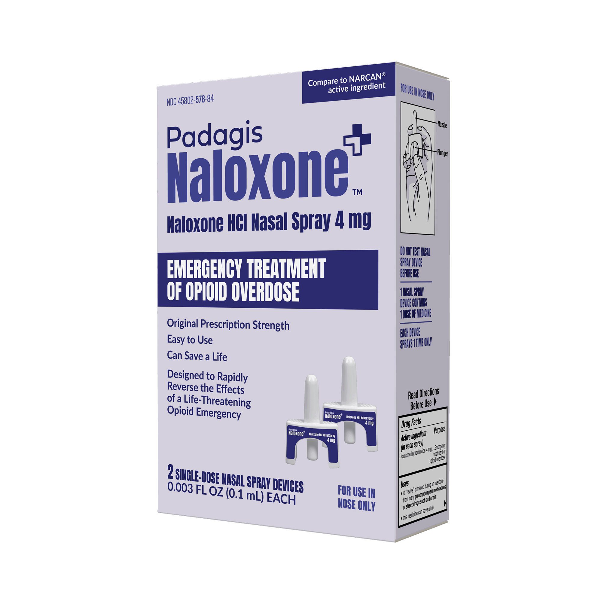 Padagis US LLC - 45802057884 Emergency Opiate Antagonist Naloxone HCl Nasal Spray 0.1 mL Single-Dose Device