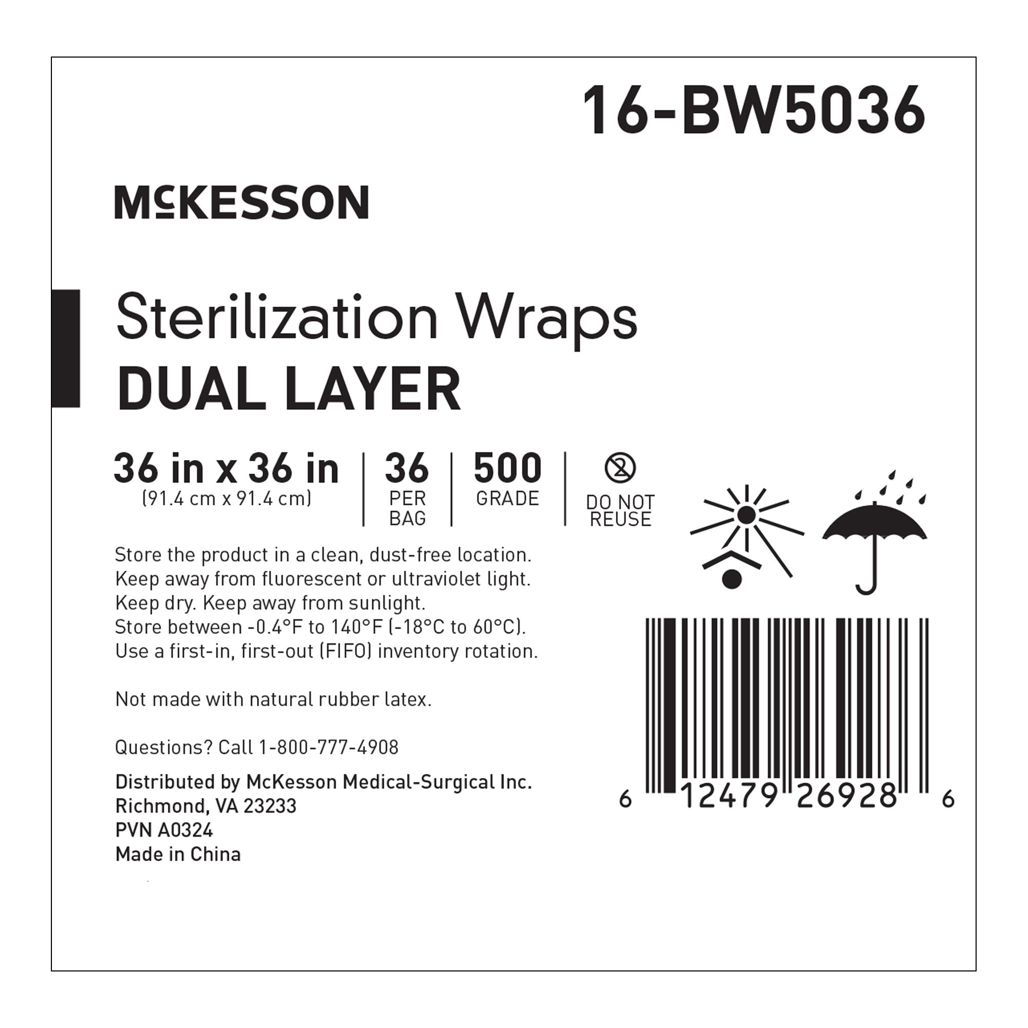 McKesson Brand 16-BW5036 - McKesson Sterilization Wrap, 36 x 36 Inch, Grade 500 - 36/Bag, 72/Case