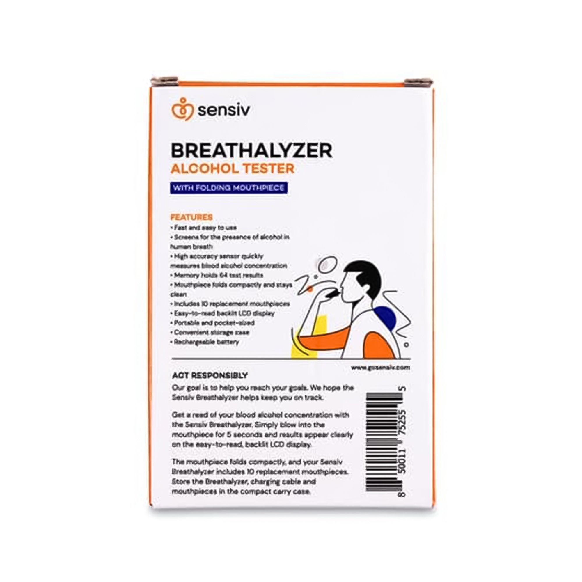Acutens Inc SENBRZR - Sensiv Breathalyzer Alcohol Tester - 1/Each, 100/Case