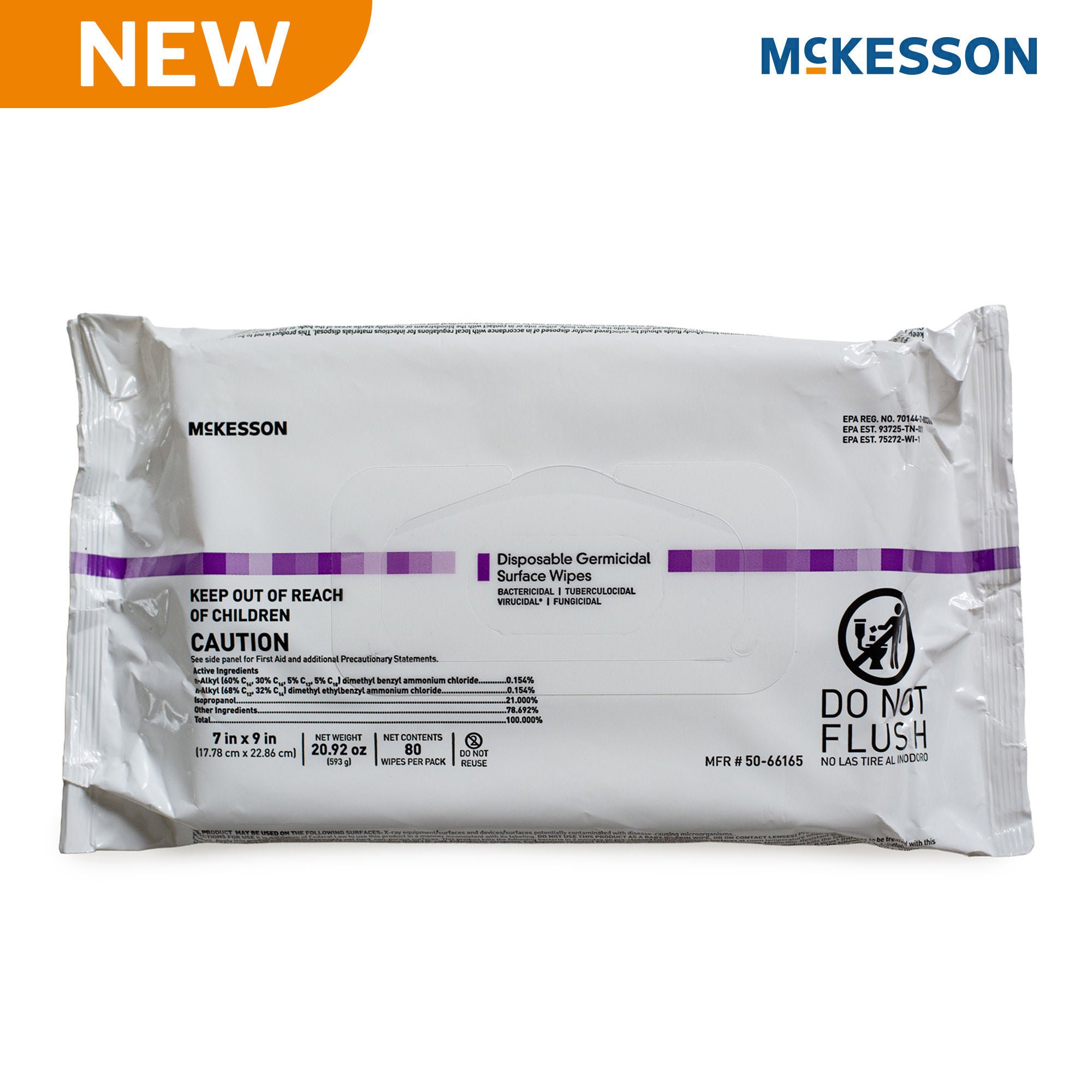 McKesson Brand - 50-66165 McKesson Premoistened Germicidal Wipe Surface Disinfectant Cleaner