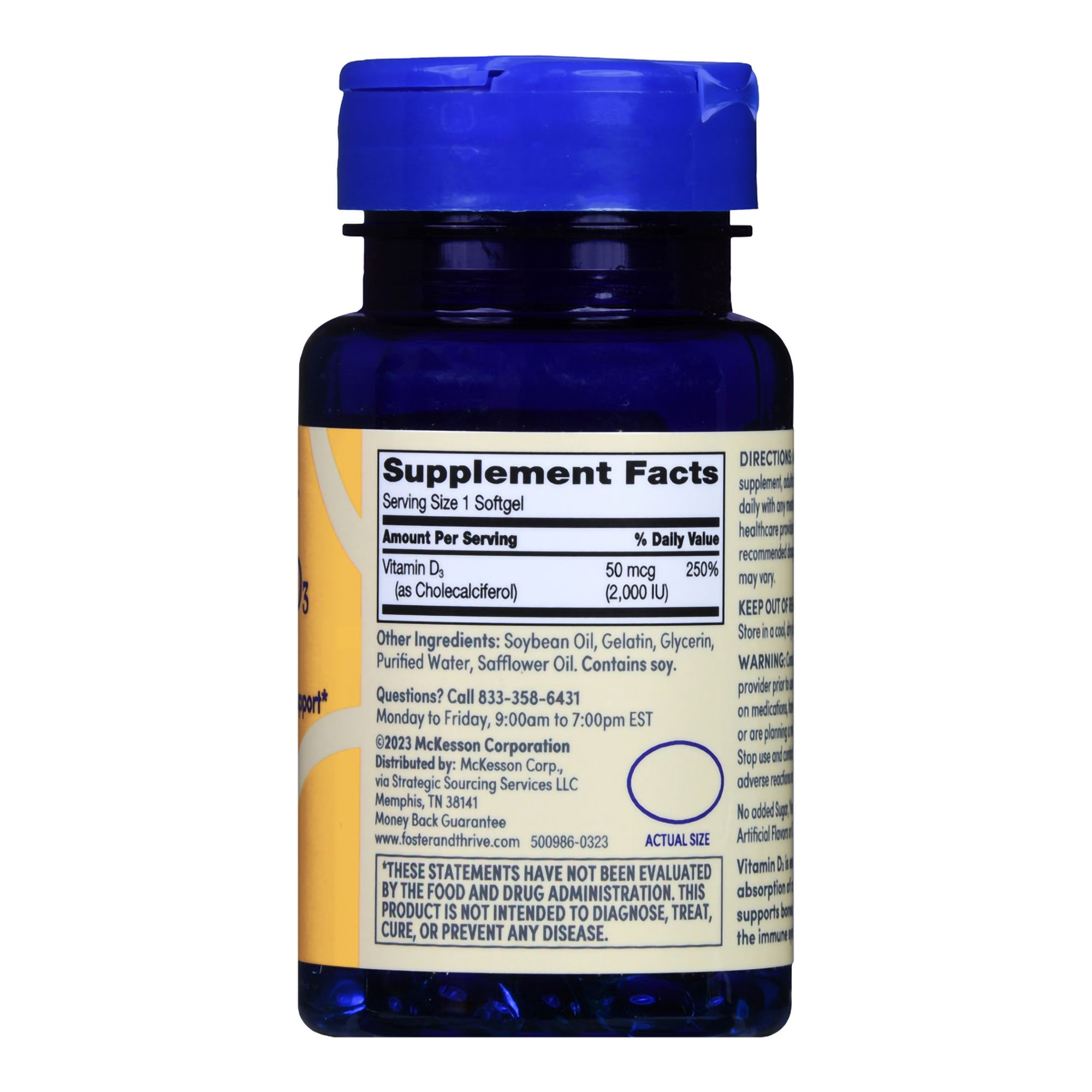 McKesson Brand 1093995724 - Foster & Thrive™ Vitamin D-3 50 mcg (2000 IU) Rapid Release Softgels - 1/Bottle