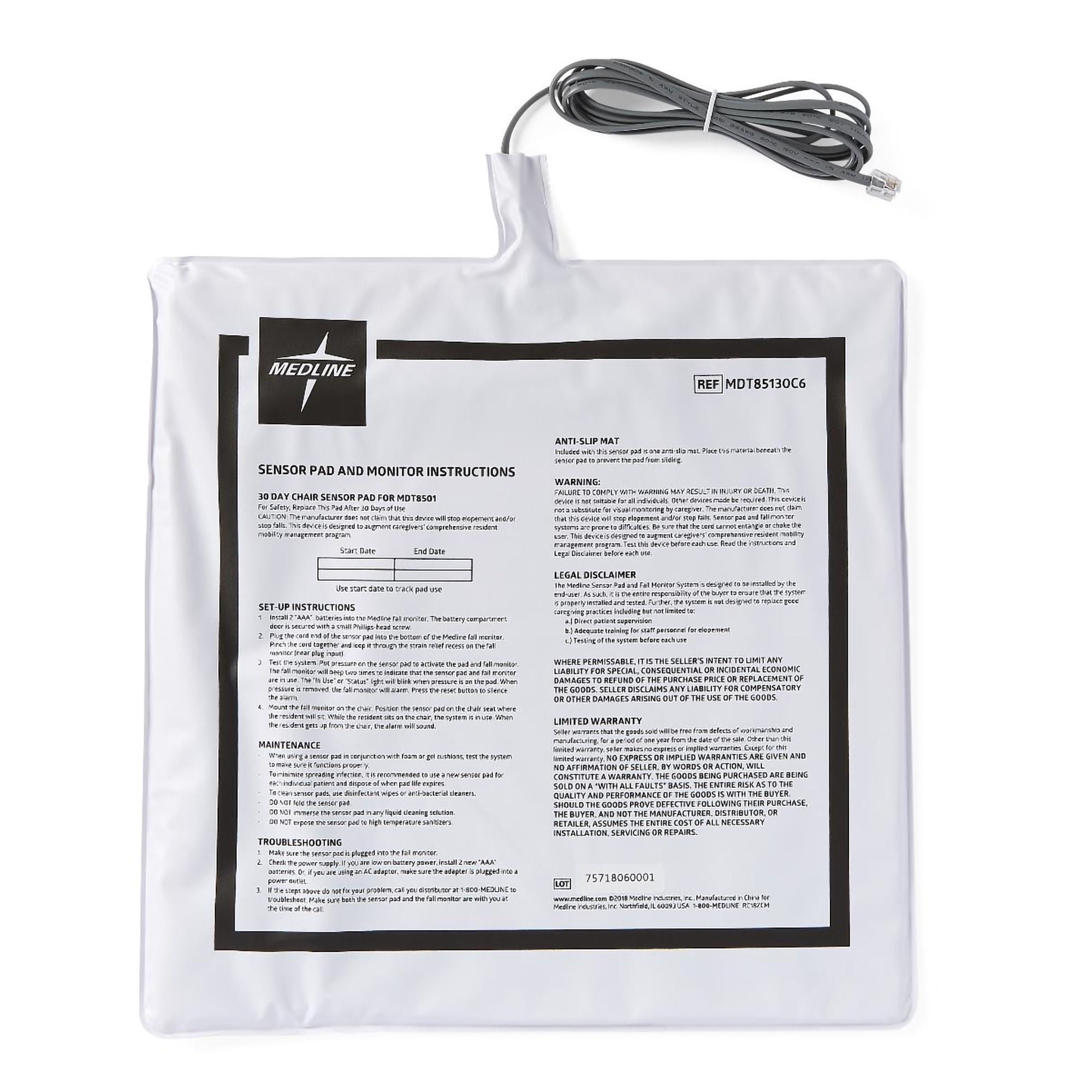 Medline - MDT85130C6 Chair Sensor Pad Medline® 13 X 13 Inch